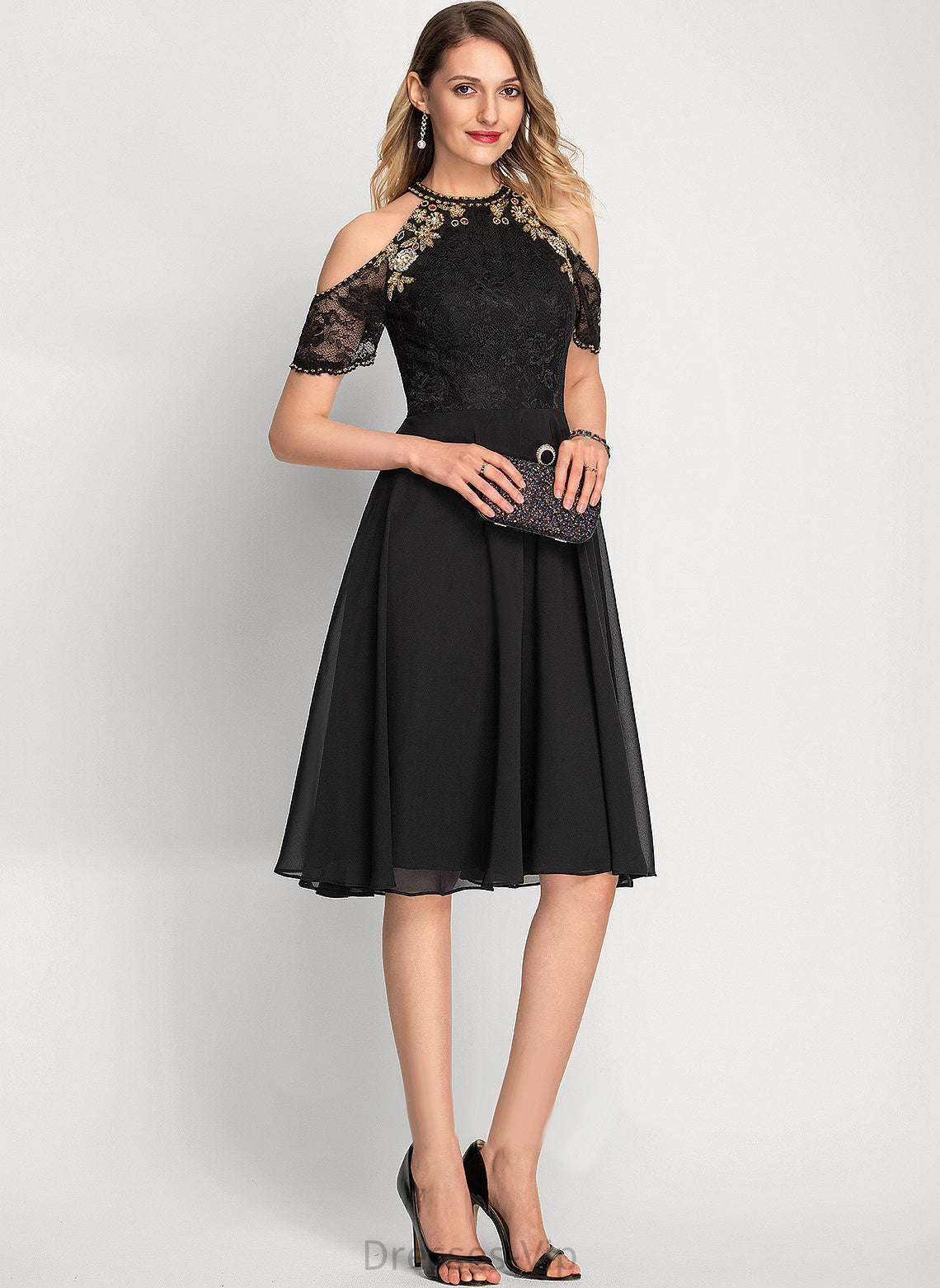 Cocktail Dress Beading Scoop Knee-Length Ashtyn With Neck A-Line Lace Cocktail Dresses Chiffon Sequins