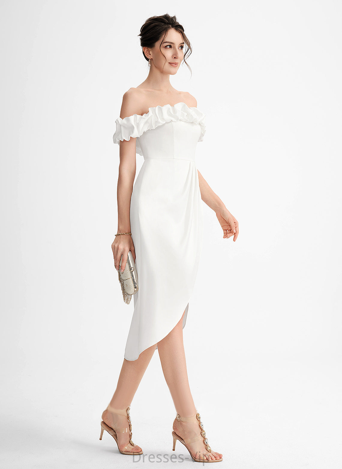 Off-the-Shoulder Crepe Janessa Ruffle Asymmetrical Cocktail Dresses With Stretch Cocktail Dress