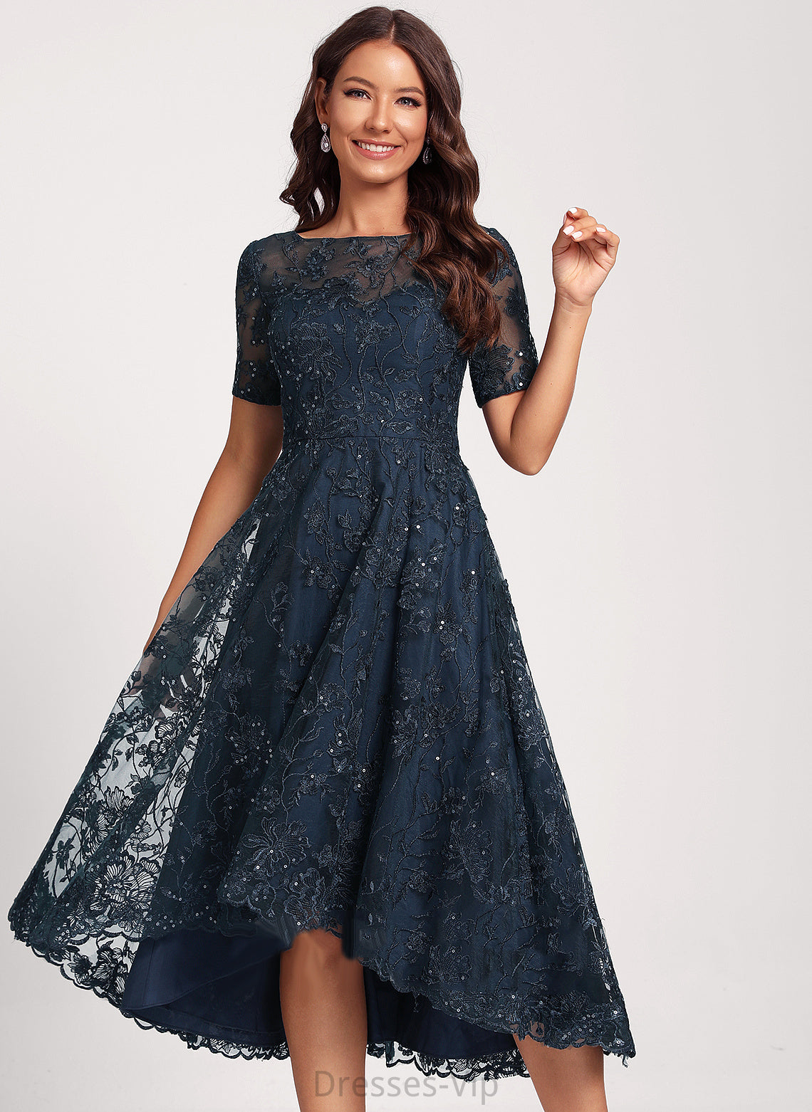 Cocktail Dress Sequins Asymmetrical A-Line Lace With Tulle Scoop Neck Saniya Club Dresses