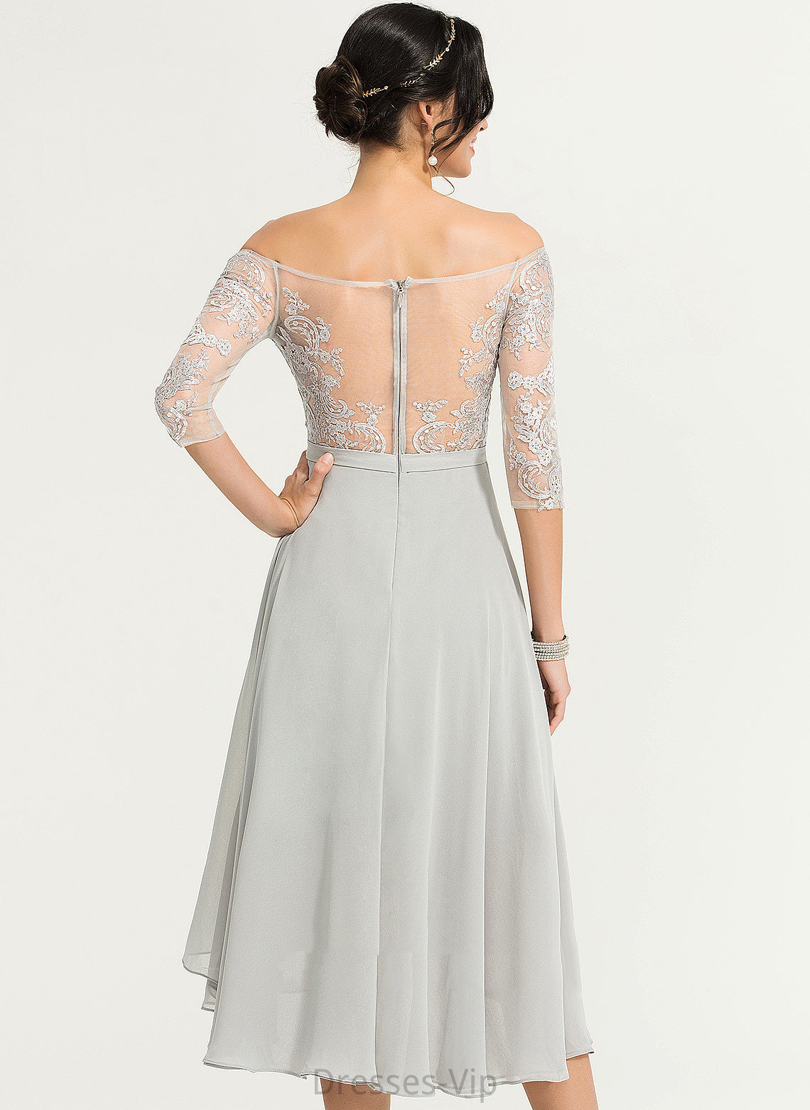 A-Line Cocktail Cocktail Dresses Beading Dress Chiffon With Lace Lindsay Asymmetrical Off-the-Shoulder