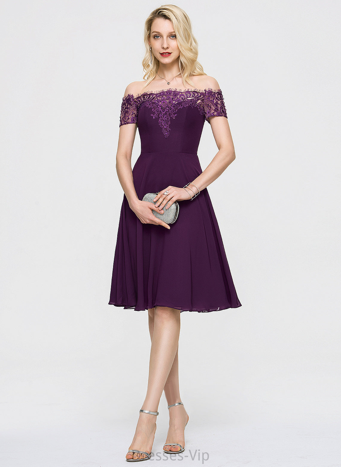 With Off-the-Shoulder Lace Knee-Length Cocktail Dresses Dress A-Line Cocktail Emilie Lace Beading Chiffon