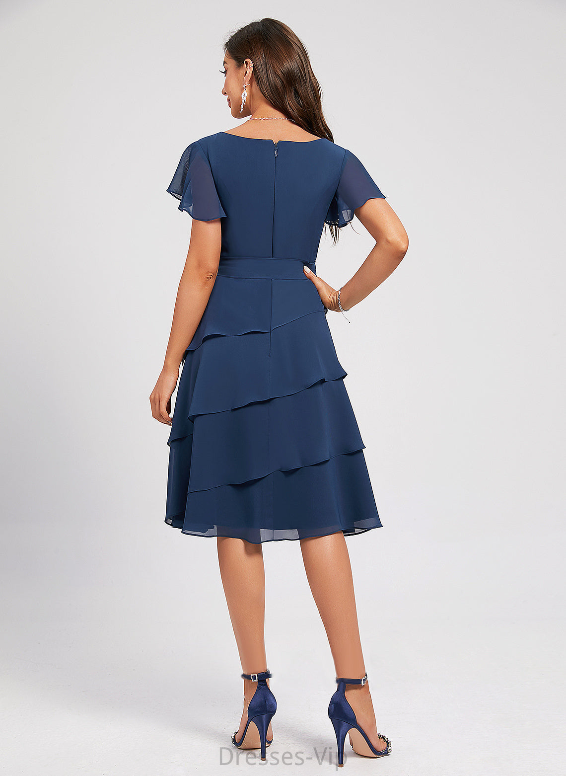 Serena A-Line Chiffon Cocktail Dresses V-neck Ruffle Sash Cocktail With Dress Knee-Length