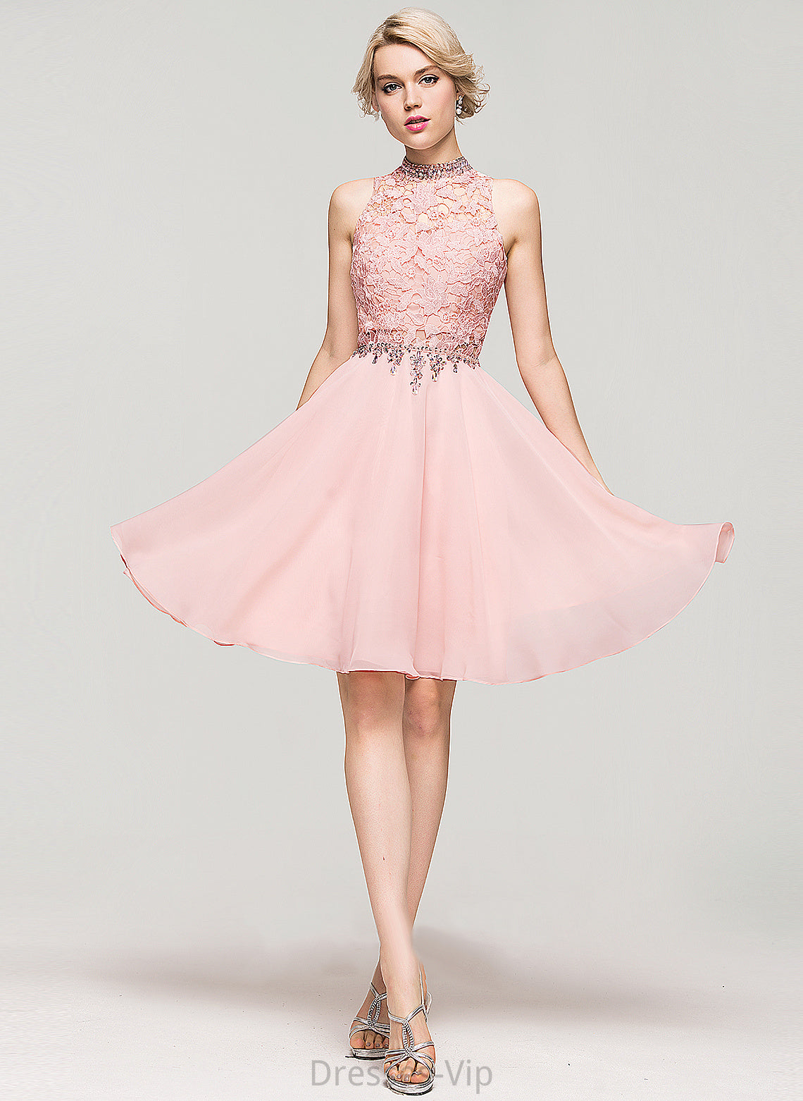 Homecoming Chiffon Neck With High Chelsea Knee-Length A-Line Beading Sequins Homecoming Dresses Lace Dress