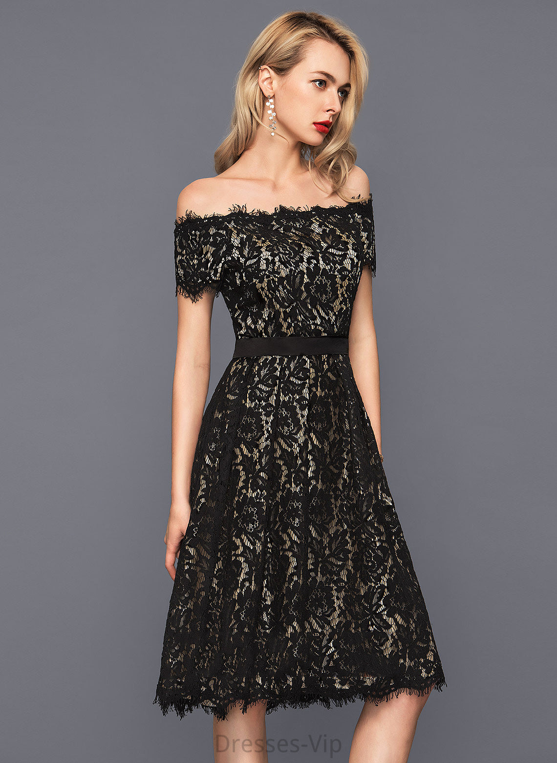 A-Line Knee-Length Dress Lace Off-the-Shoulder Brooke Cocktail Dresses Cocktail Charmeuse