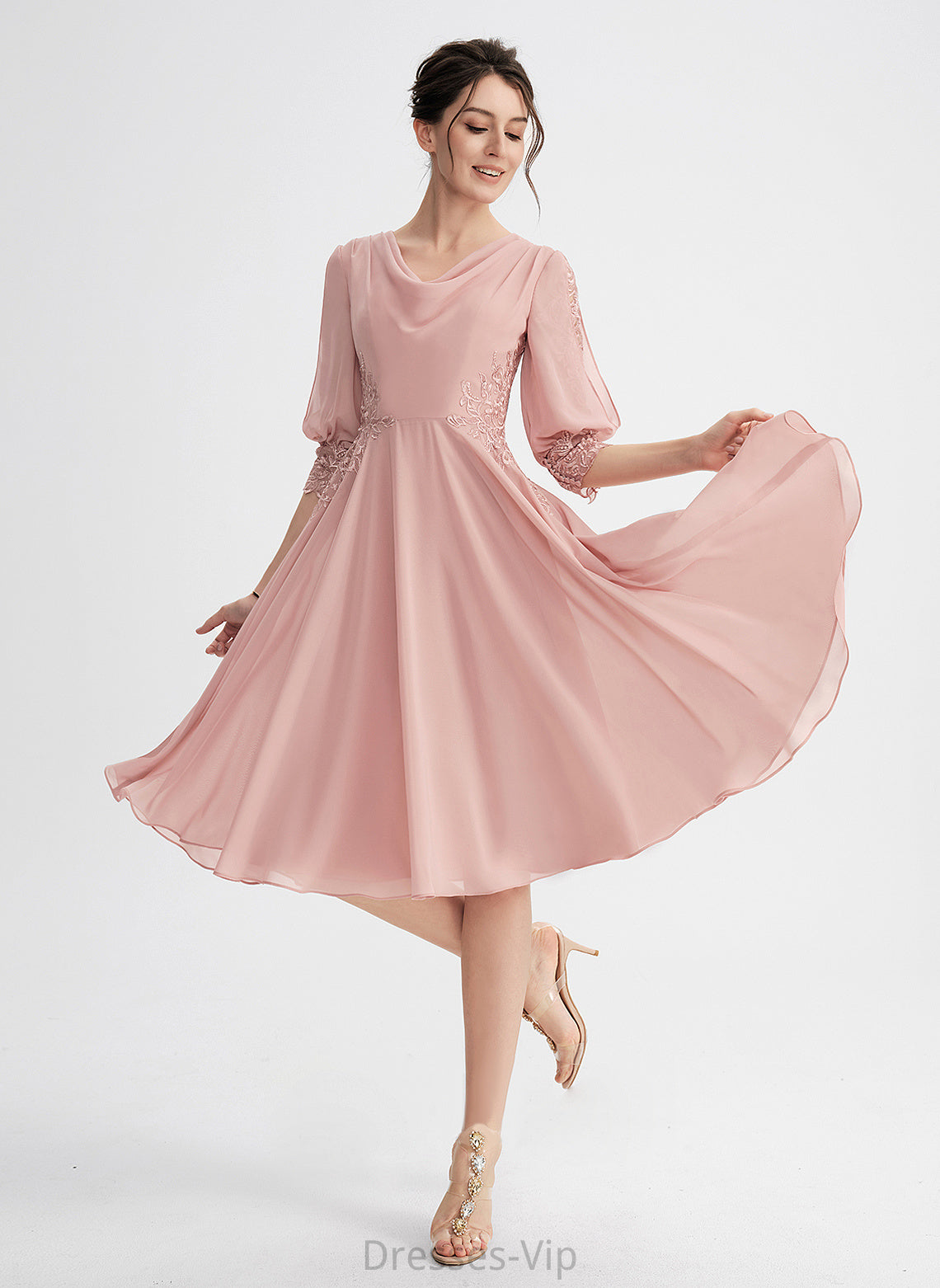 Lace Chiffon With Cowl Nan Cocktail Neck Knee-Length Dress Cocktail Dresses A-Line