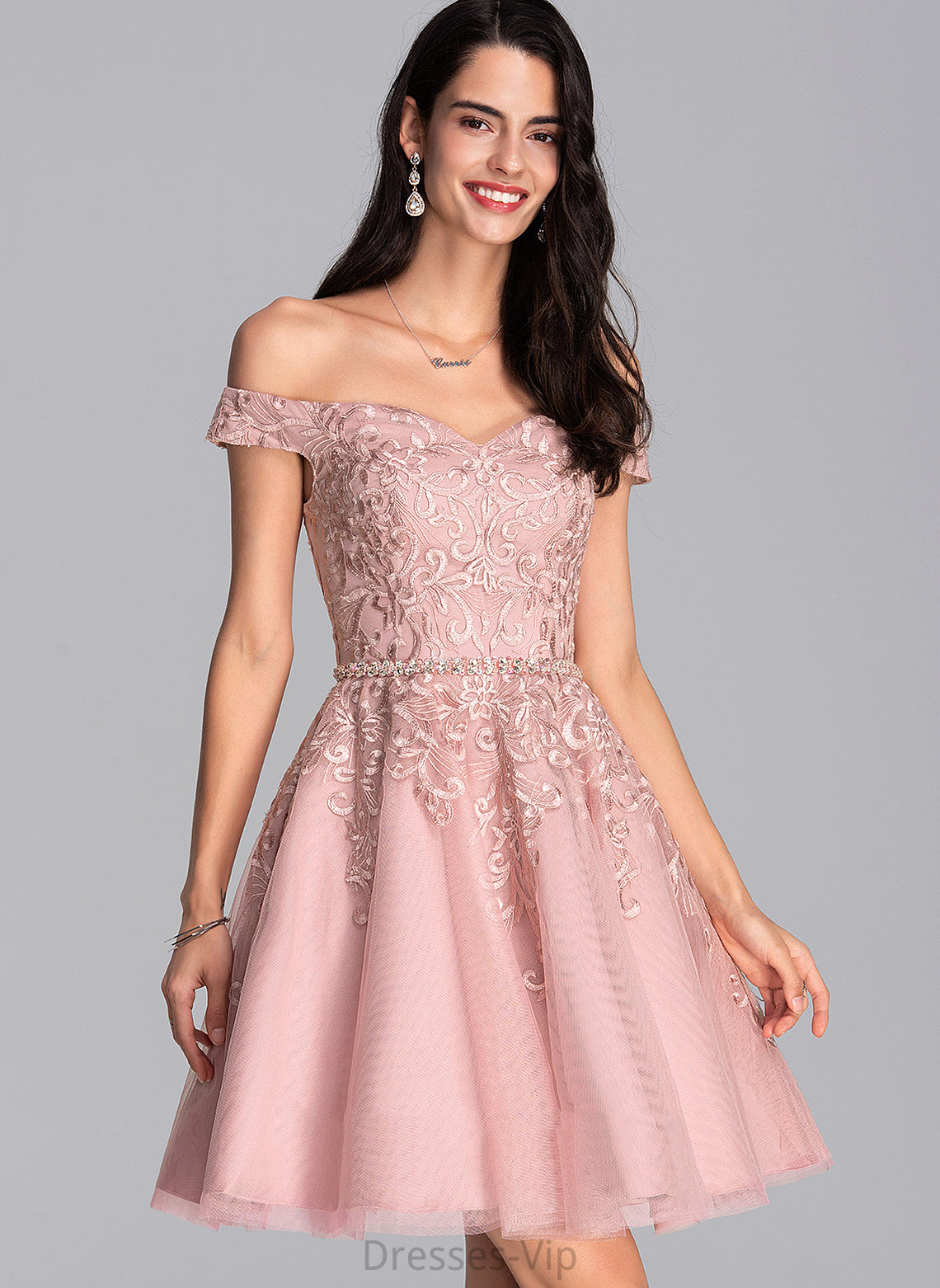 Finley Homecoming Dresses A-Line Beading Tulle Short/Mini Homecoming Dress Lace With Off-the-Shoulder