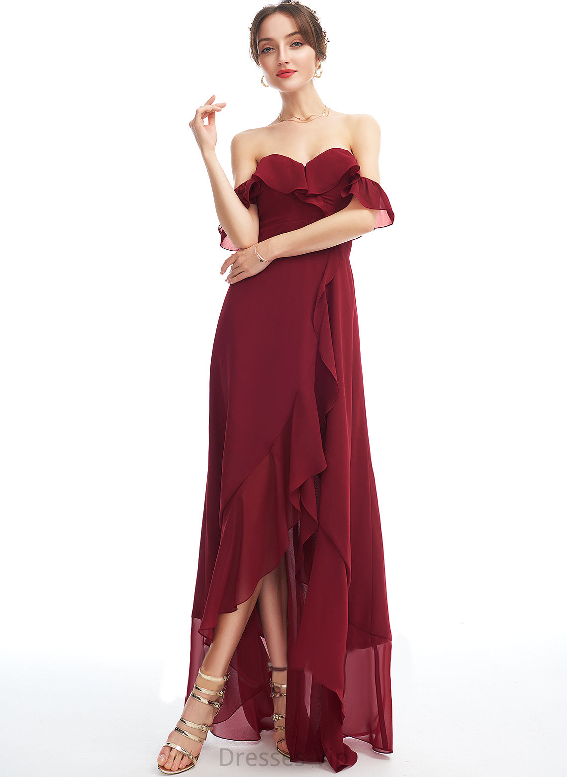 Chiffon A-Line Split Asymmetrical Dress Mareli Ruffle Cocktail Dresses Off-the-Shoulder With Front Cocktail