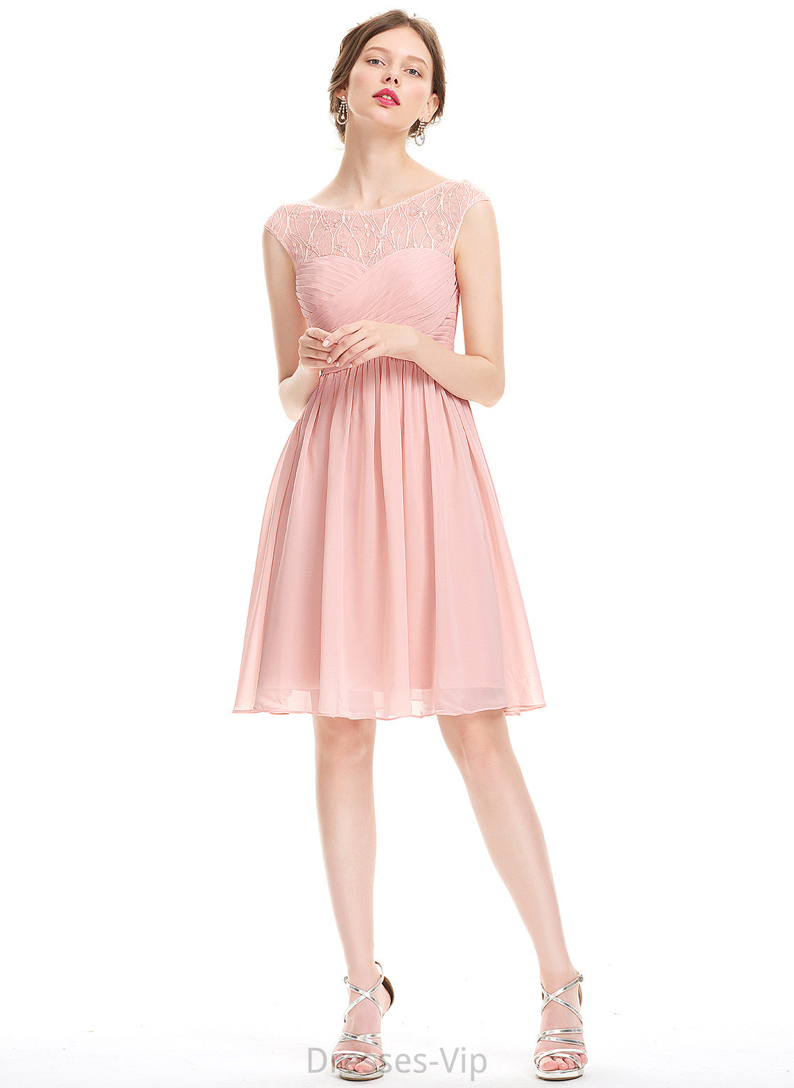 Cecilia With Homecoming A-Line Chiffon Dress Homecoming Dresses Lace Beading Knee-Length Scoop Neck Ruffle