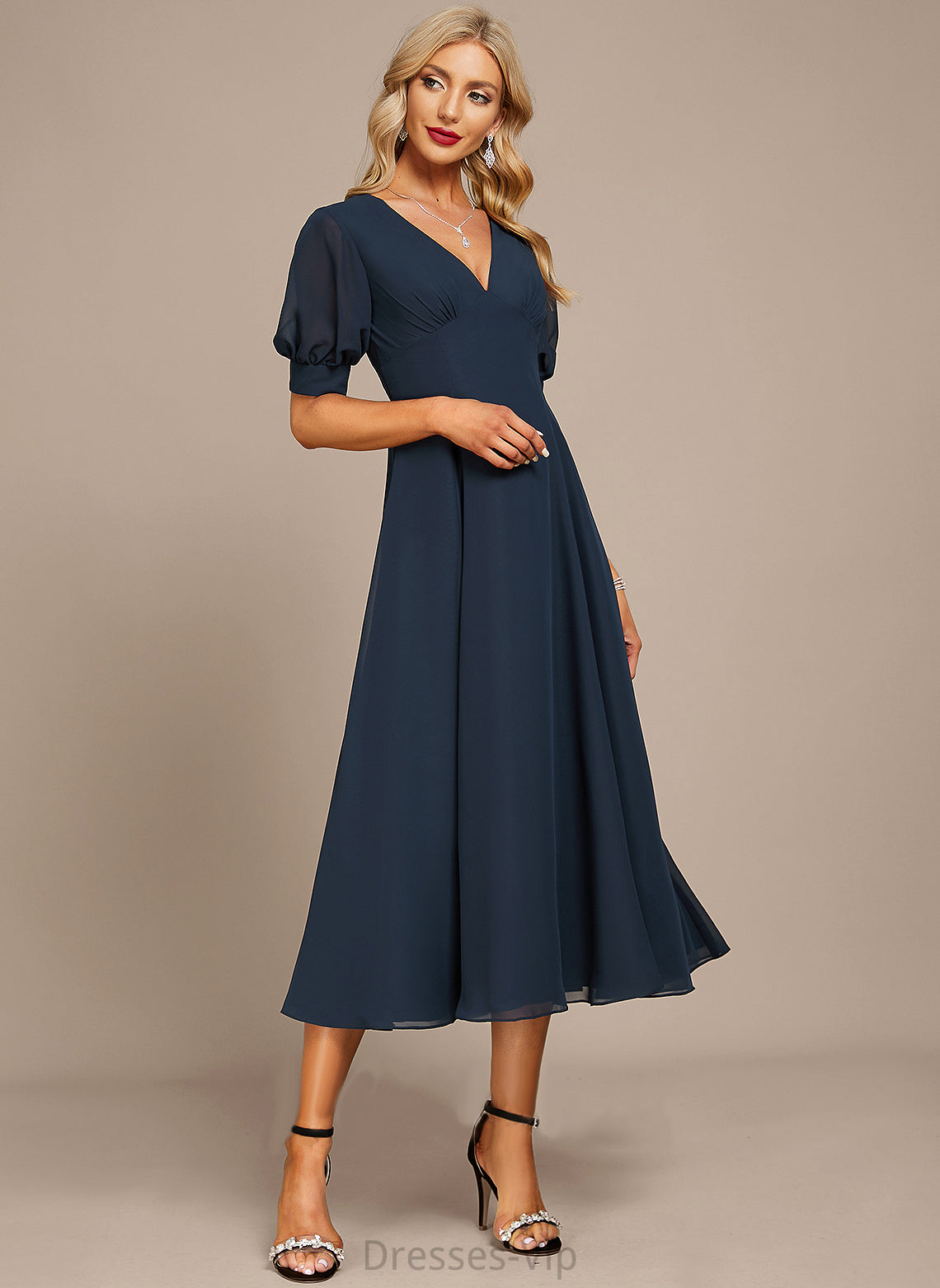 A-Line Mavis V-neck Cocktail Ruffle Tea-Length Chiffon With Cocktail Dresses Dress