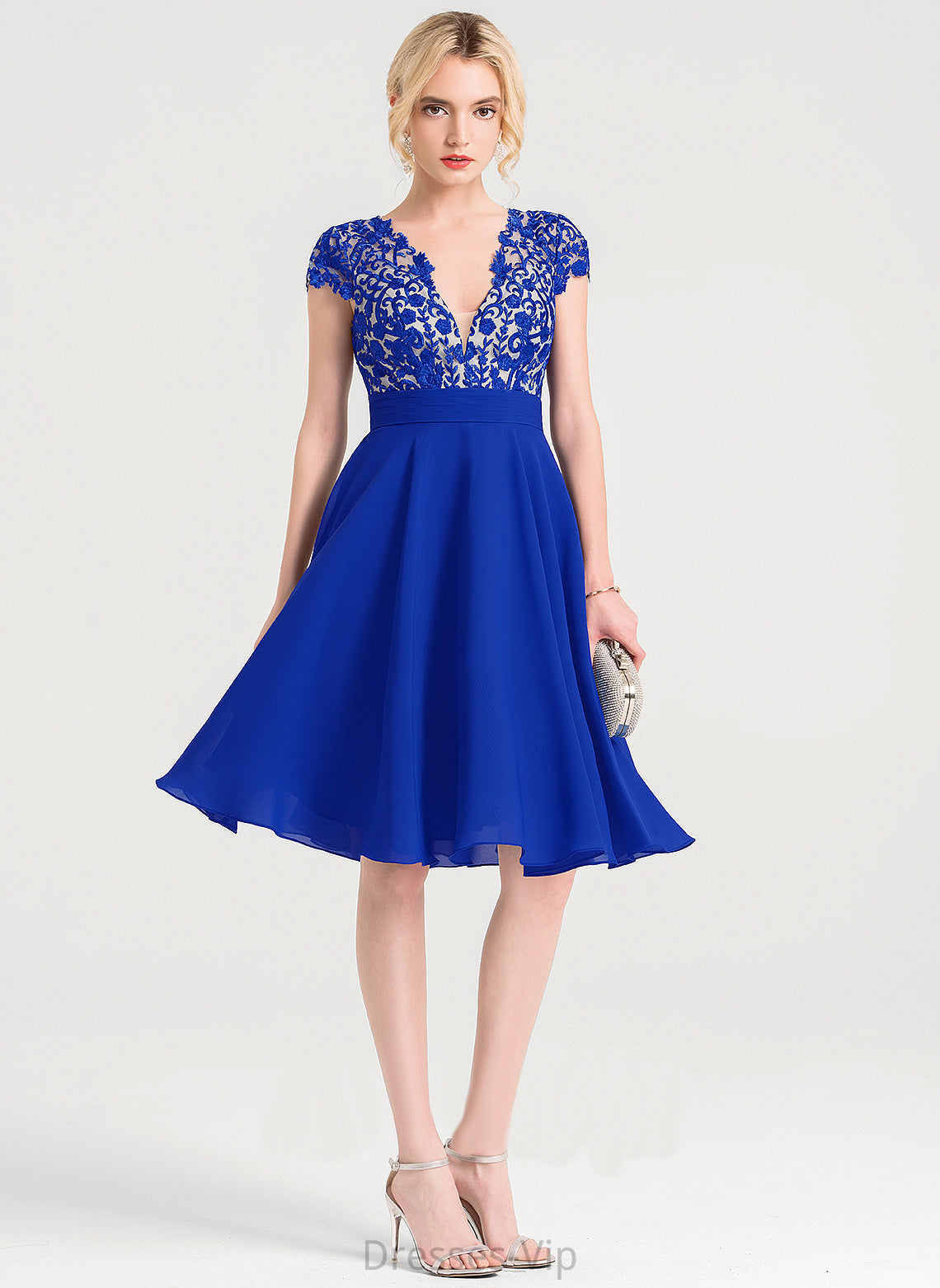 With Ruffle Cocktail Dresses Dress Kristin Chiffon V-neck Cocktail A-Line Lace Knee-Length