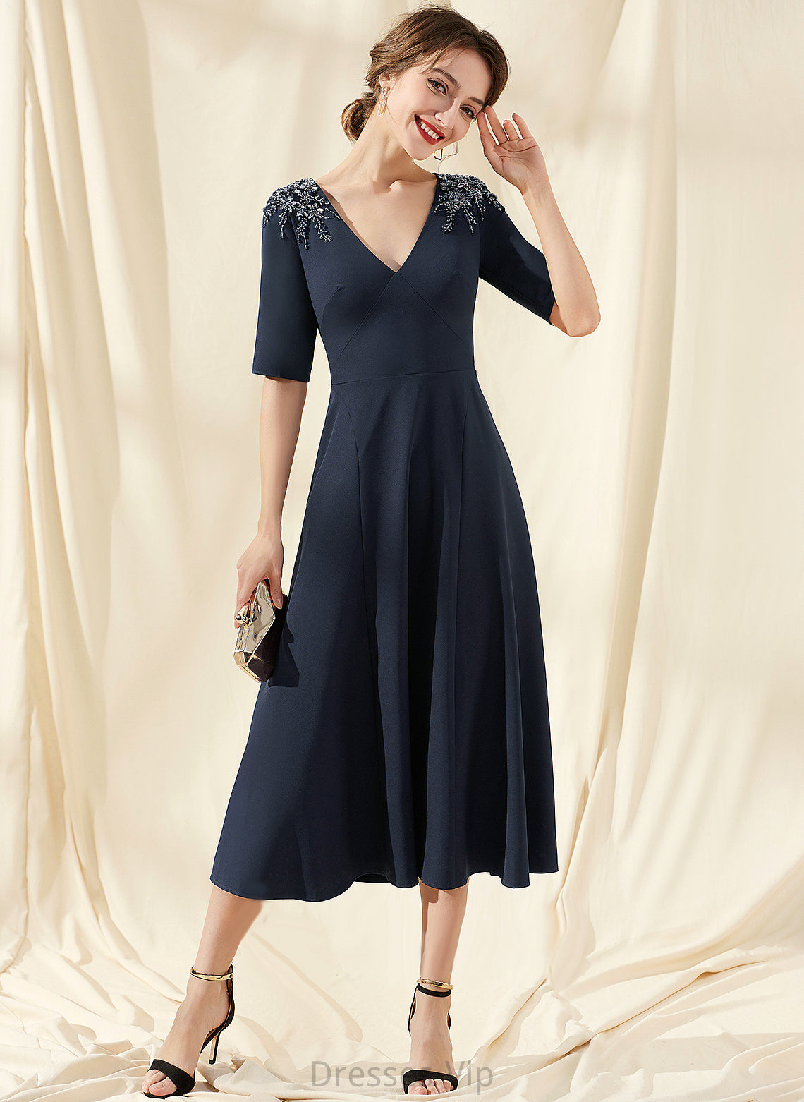 Crepe A-Line Beading Jackie Dress Cocktail Tea-Length With Stretch V-neck Cocktail Dresses