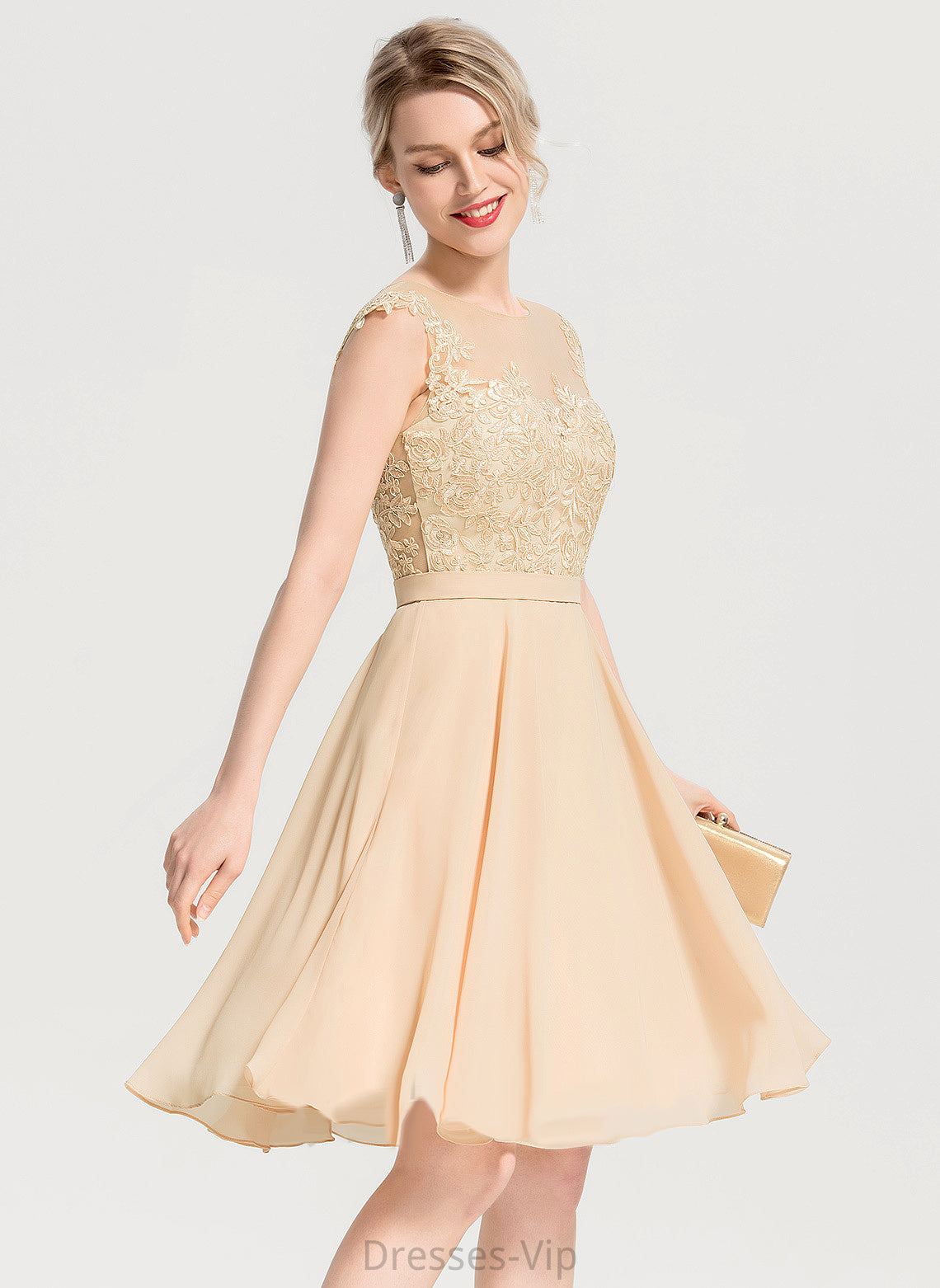 Chiffon Lace Appliques Dress Neck Knee-Length Scoop Cocktail Dresses Lace With A-Line Cocktail Kinsley