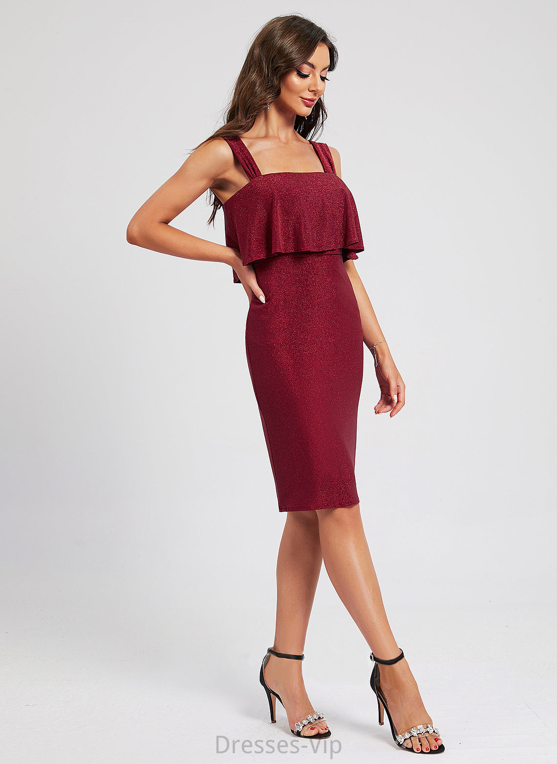 Dress Square Neckline Cocktail Dresses With Polyester Ruffle Sheath/Column Cocktail Knee-Length Aliana