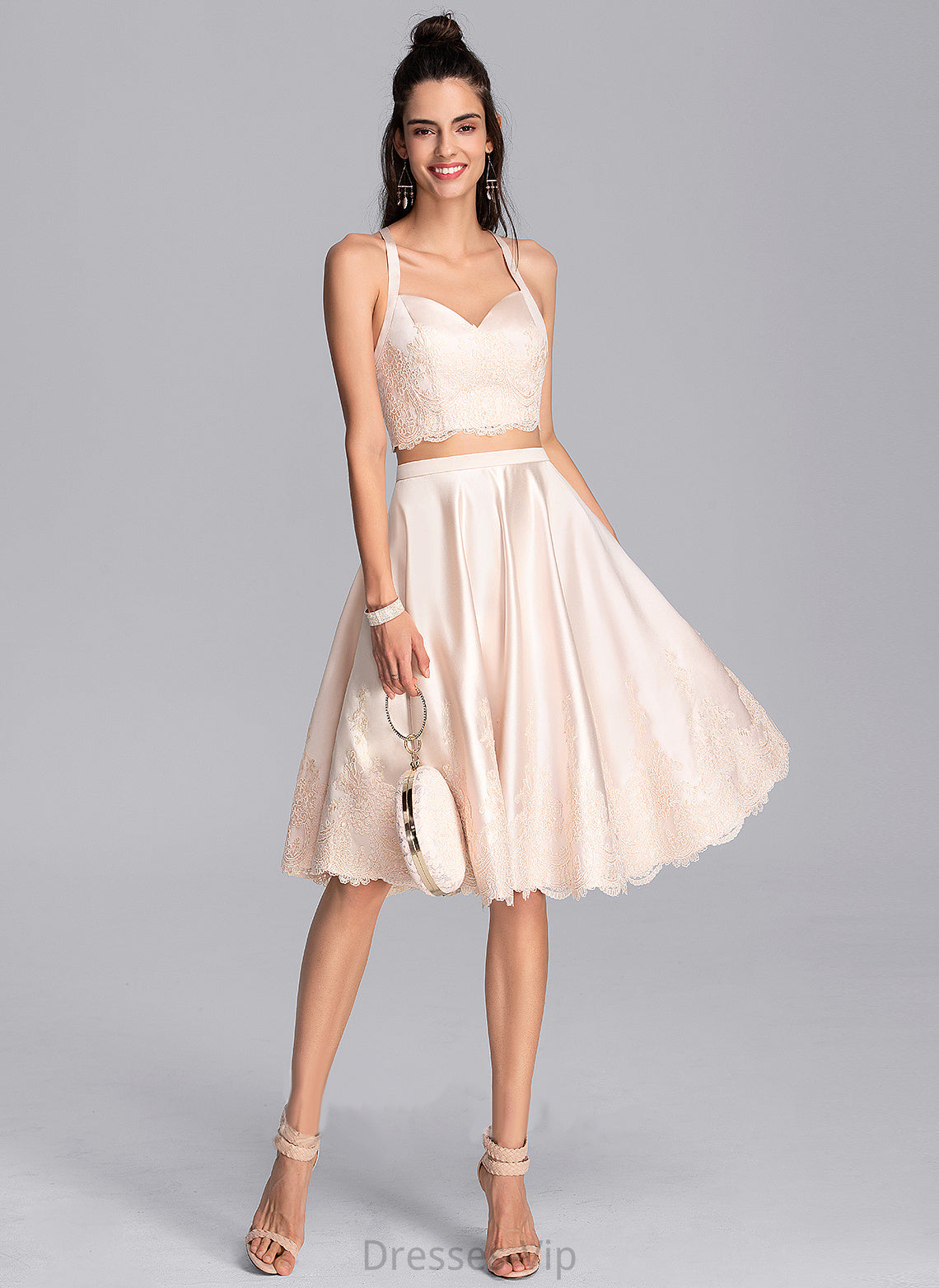 A-Line With Homecoming Dress Genevieve Homecoming Dresses Satin Knee-Length Lace Sweetheart