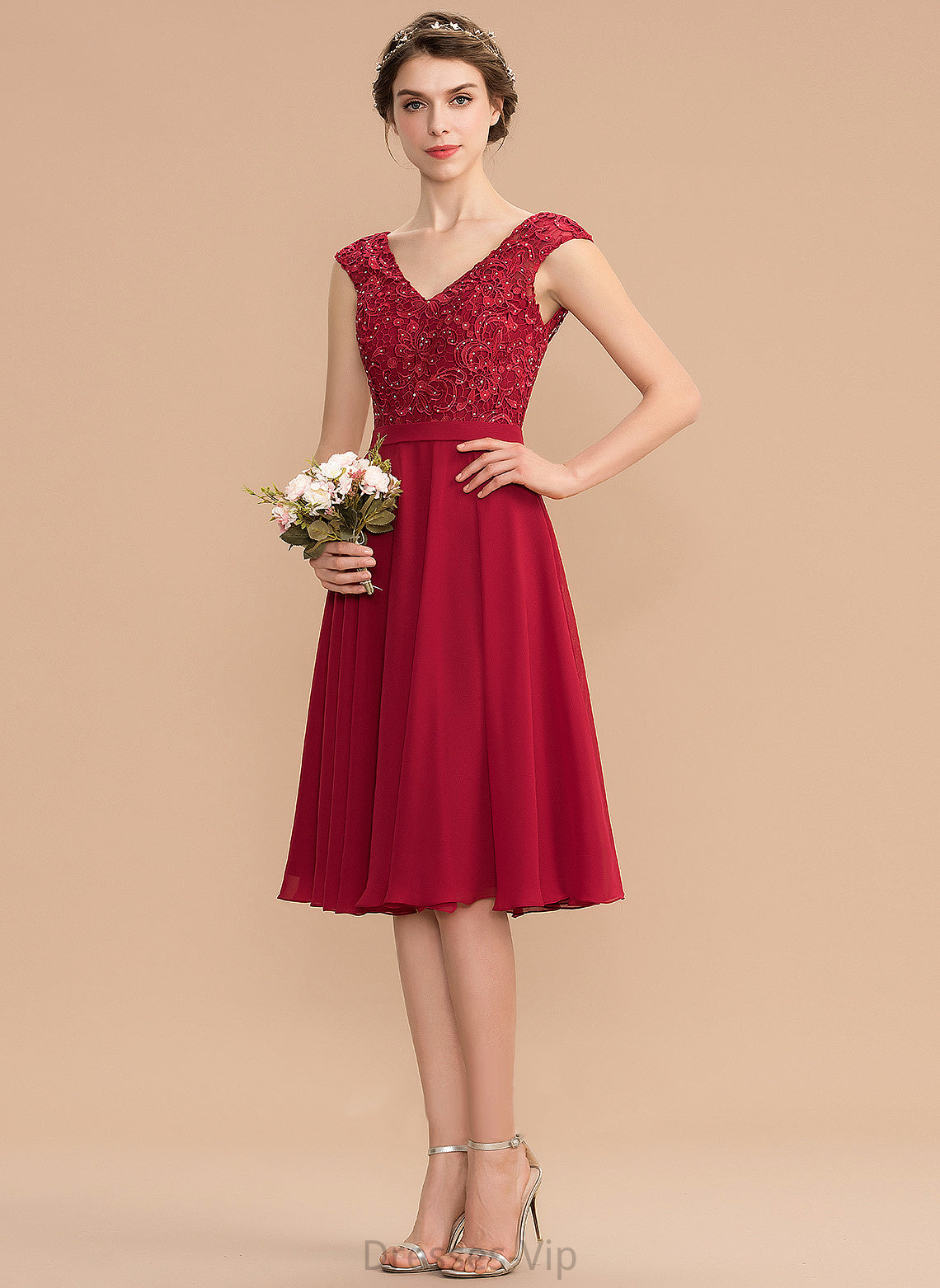 Knee-Length Nydia Lace Homecoming Dress Beading Homecoming Dresses V-neck Chiffon With A-Line