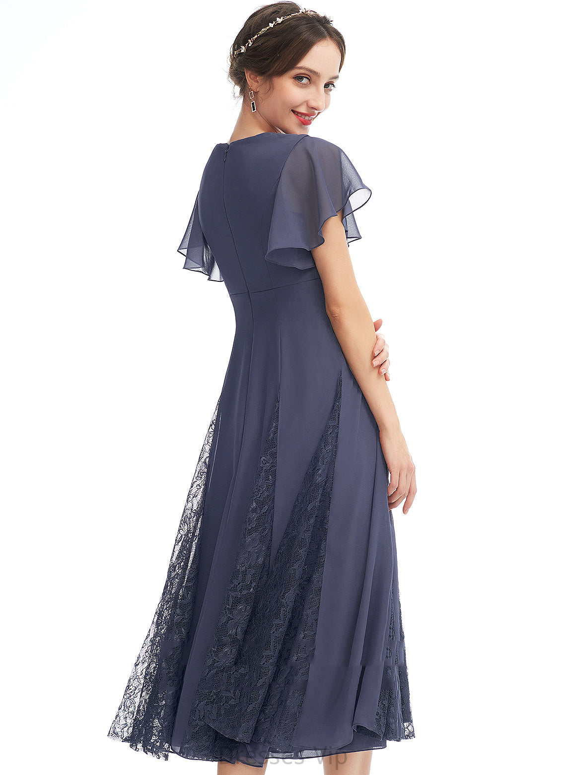 Cocktail A-Line Knee-Length Ruffle With Chiffon Janice Cocktail Dresses Dress Lace V-neck