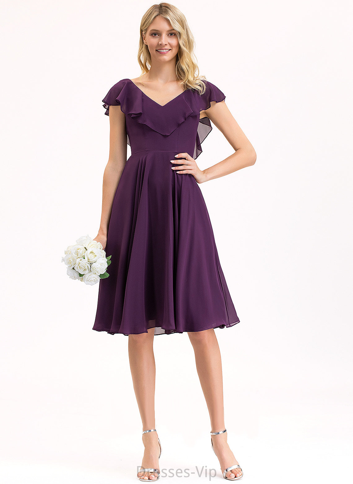 Chiffon Ruby Cascading A-Line With Ruffles Cocktail Knee-Length Cocktail Dresses Dress V-neck