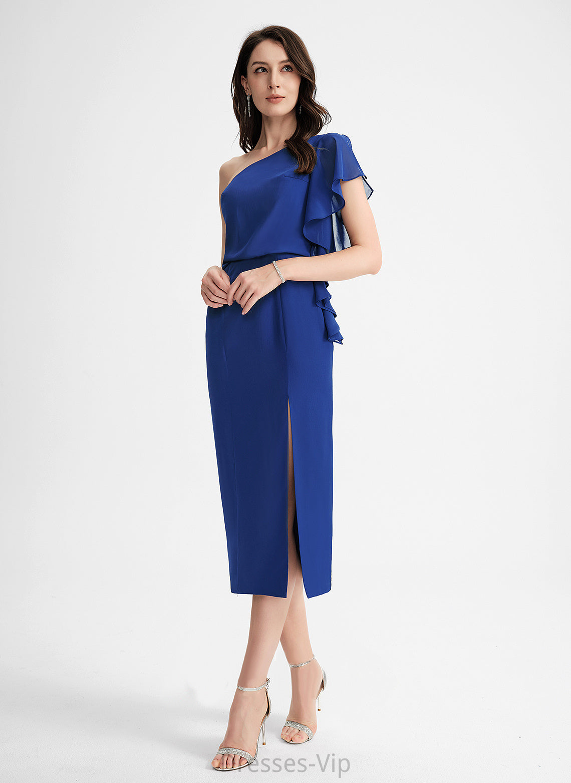 Chiffon Cocktail Sheath/Column One-Shoulder Dress With Ruffle Shiloh Cocktail Dresses Tea-Length