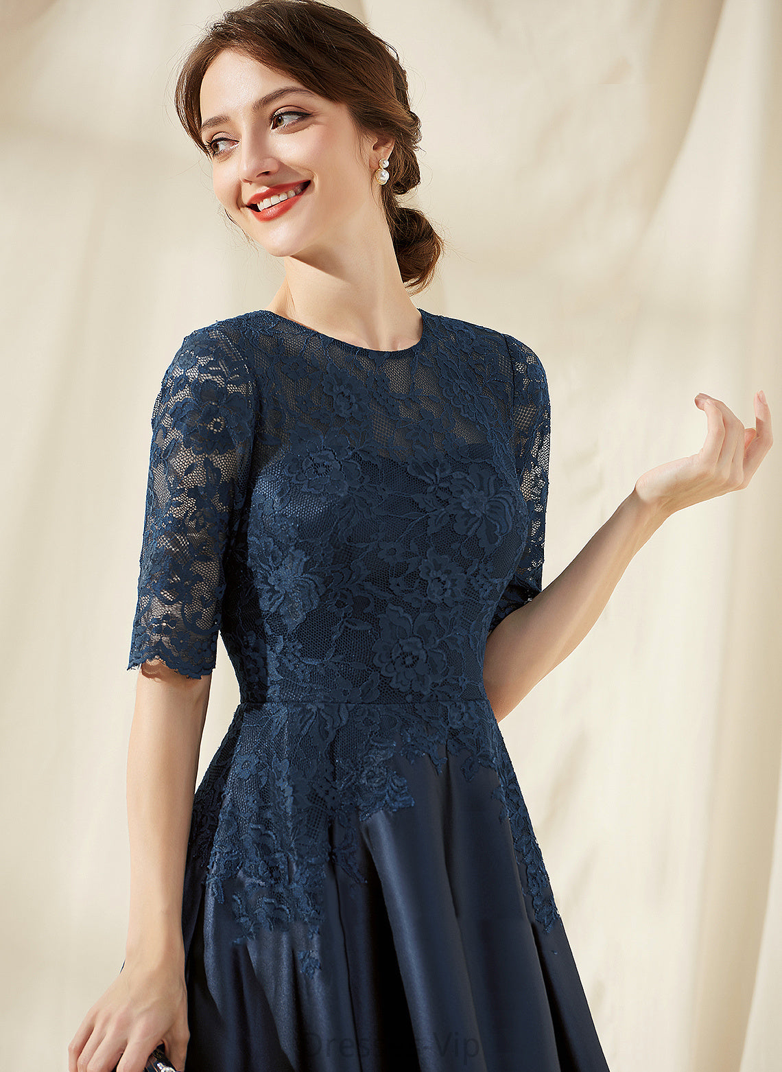 Cocktail Chana Lace Tea-Length Cocktail Dresses Scoop Neck Satin A-Line Dress