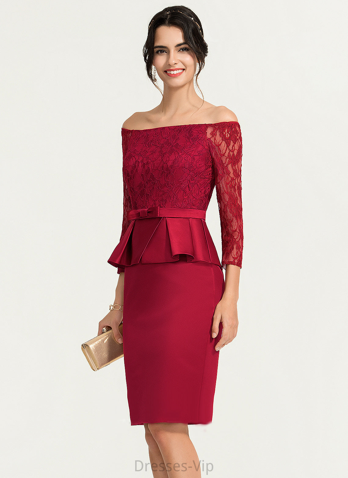 Cocktail Dresses Knee-Length Lace Josie Cocktail Dress Sheath/Column Satin Off-the-Shoulder