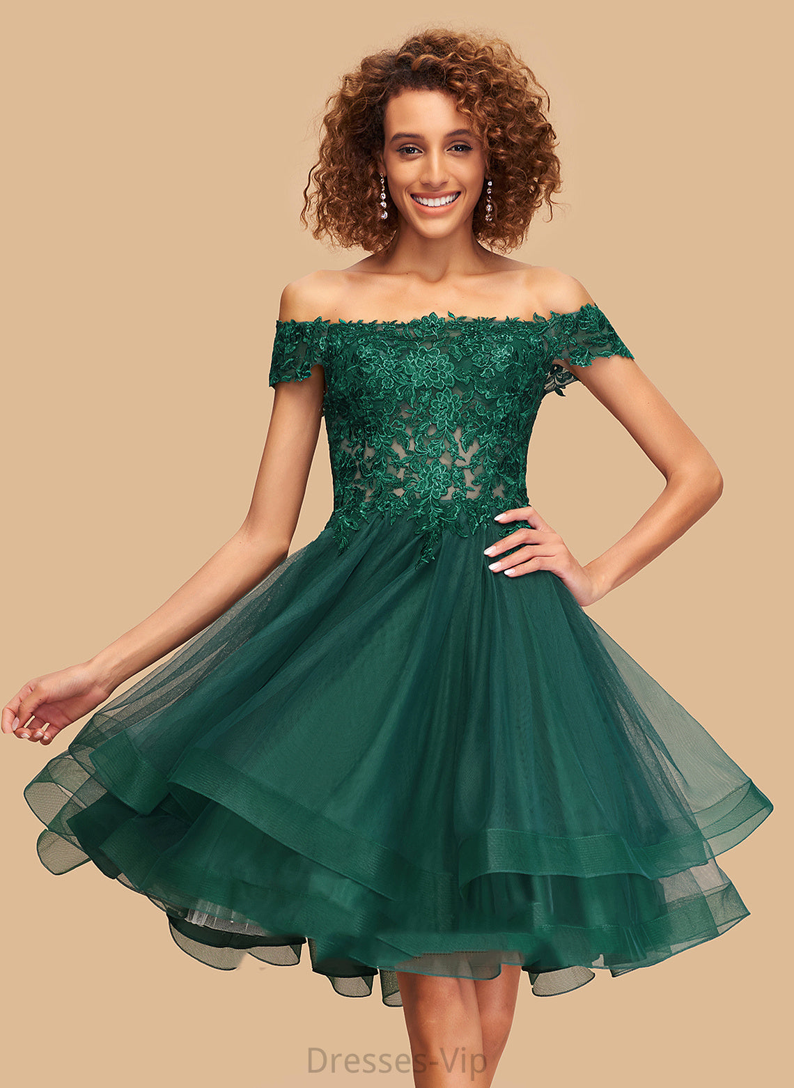 Homecoming Dresses Clarissa Off-the-Shoulder Knee-Length With Lace Tulle Dress Homecoming A-Line