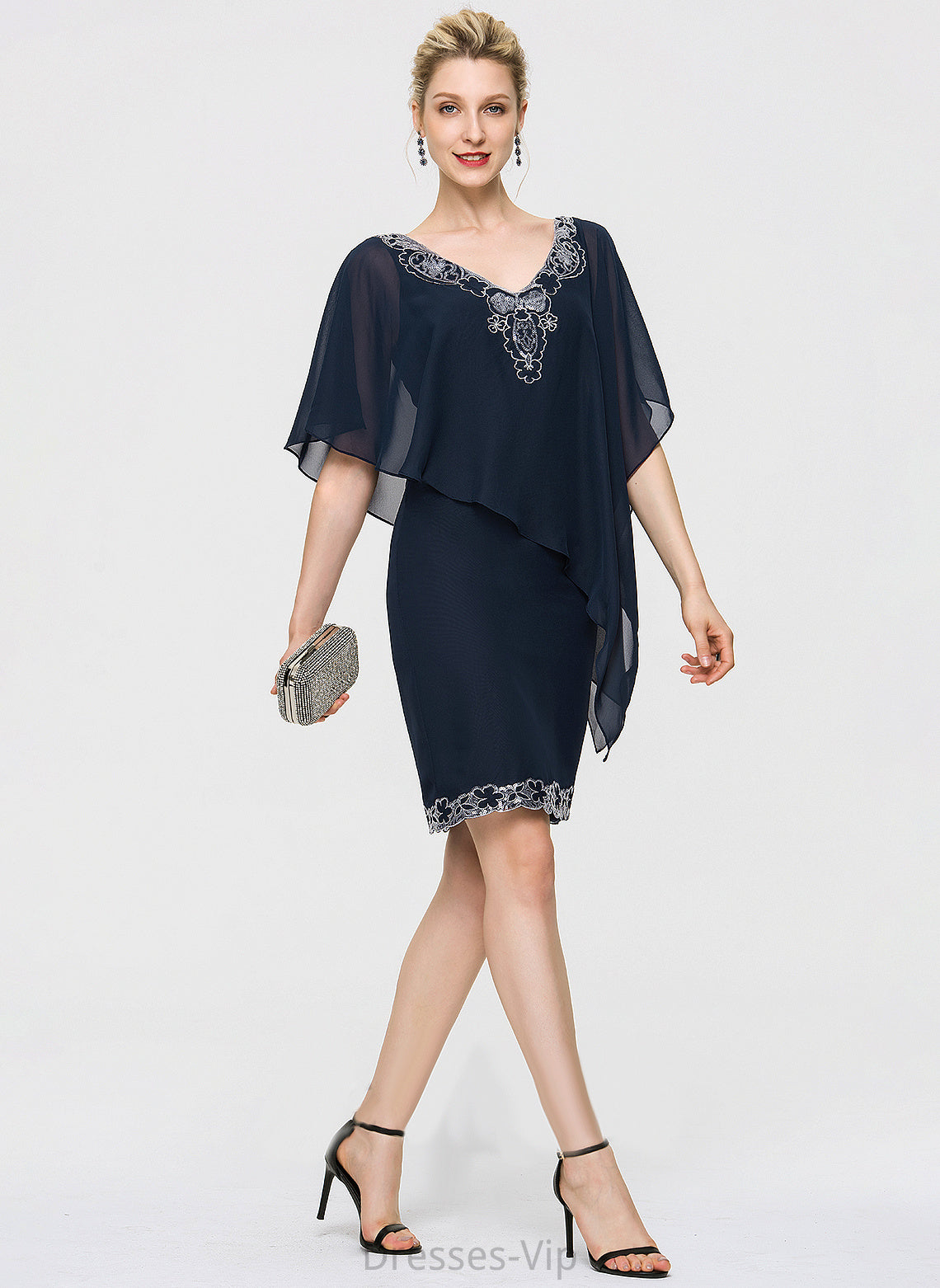 With Sequins Knee-Length Cocktail Nydia Lace Chiffon V-neck Cocktail Dresses Sheath/Column Dress