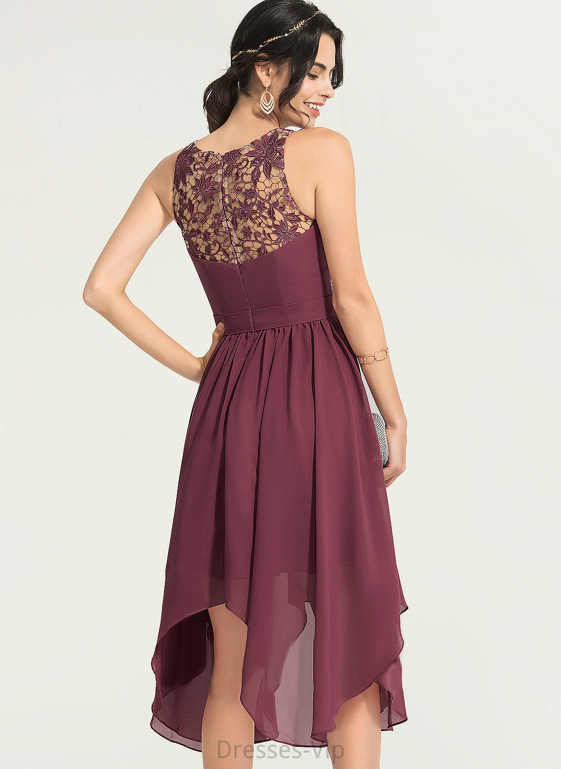 Ashly A-Line Dress Cocktail Scoop Chiffon Asymmetrical Cocktail Dresses Lace Neck