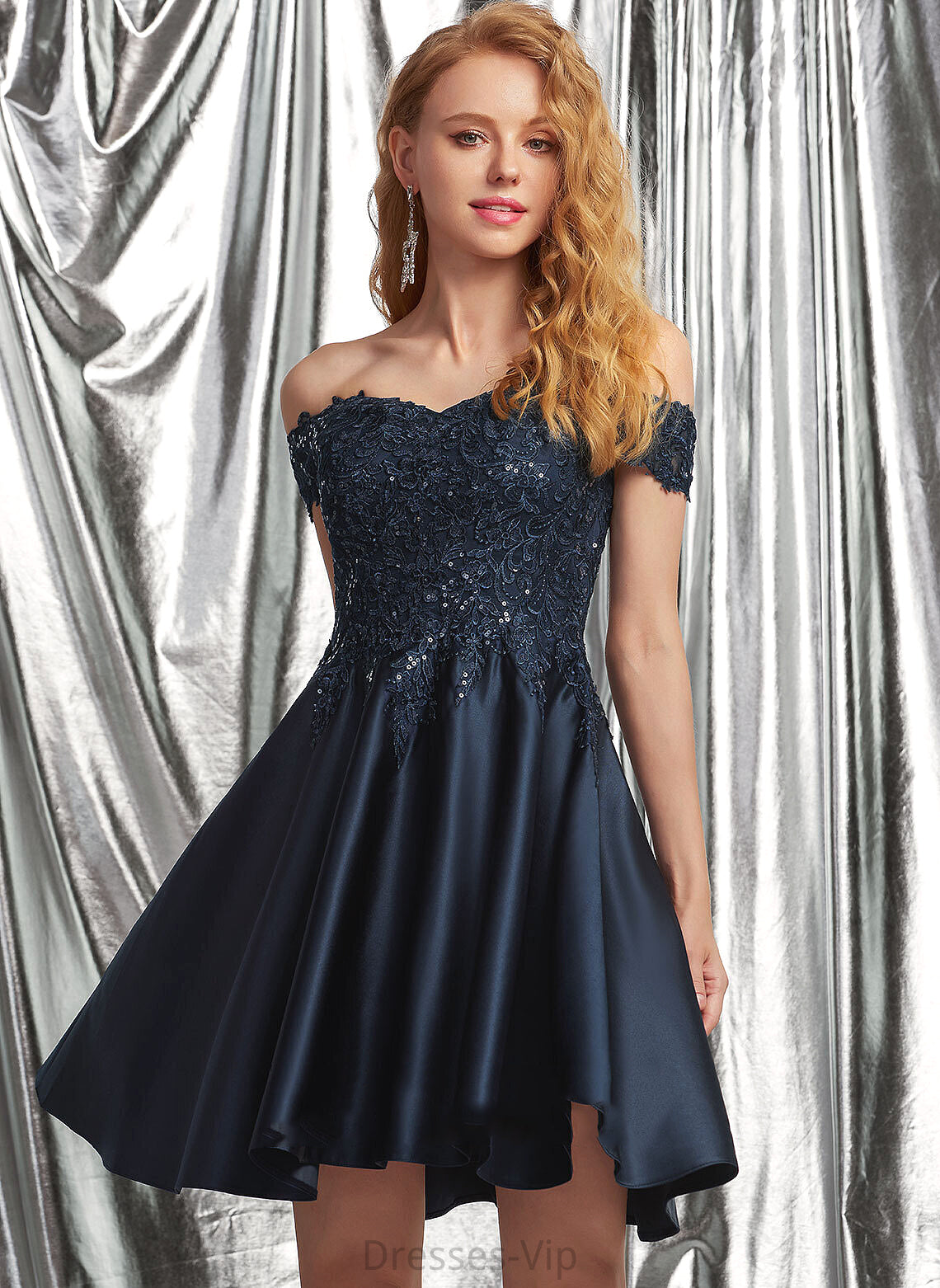 Satin Homecoming With Julianne Homecoming Dresses Off-the-Shoulder A-Line Short/Mini Lace Dress