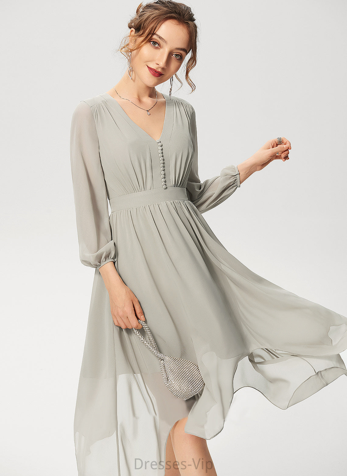 Juliana Cocktail Chiffon With Asymmetrical Cocktail Dresses Ruffle V-neck Dress A-Line