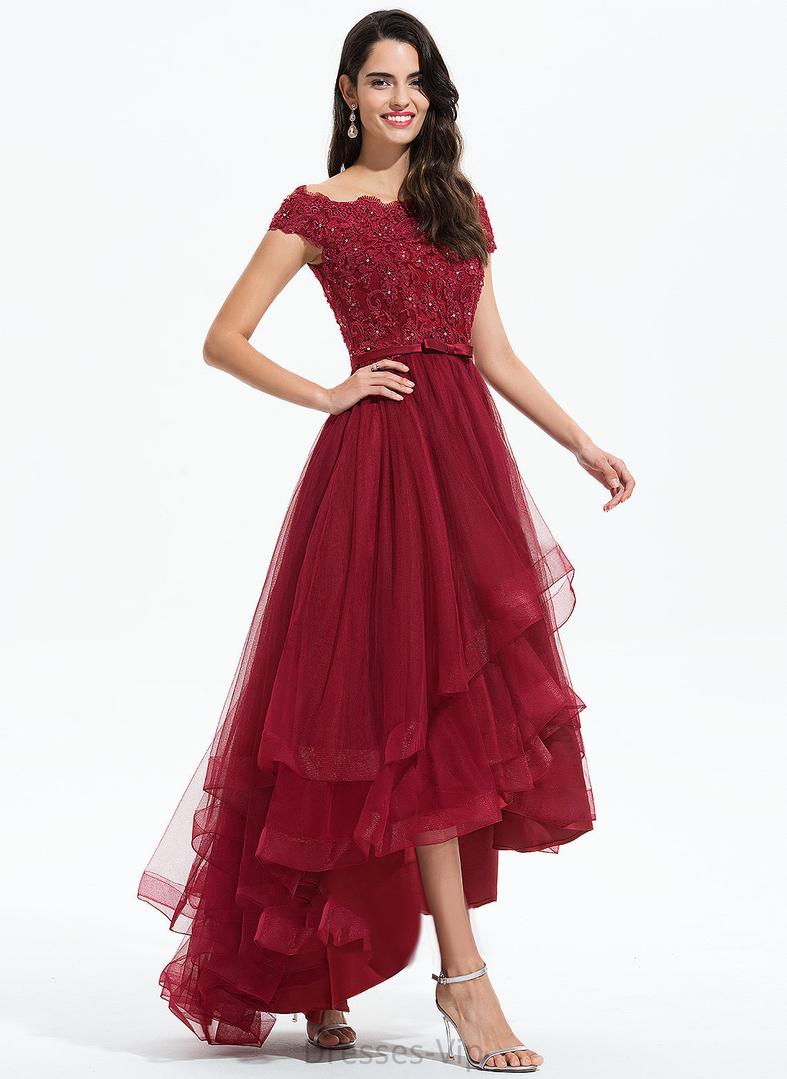 Beading With Bow(s) Asymmetrical Homecoming Dresses Homecoming Dress A-Line Tulle Off-the-Shoulder Lace Jade