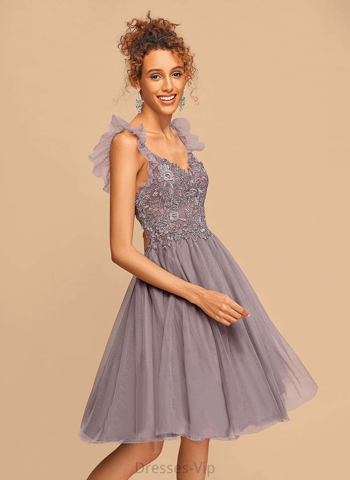 Tulle Homecoming V-neck A-Line Cascading Monique Dress Knee-Length Lace With Homecoming Dresses Ruffles