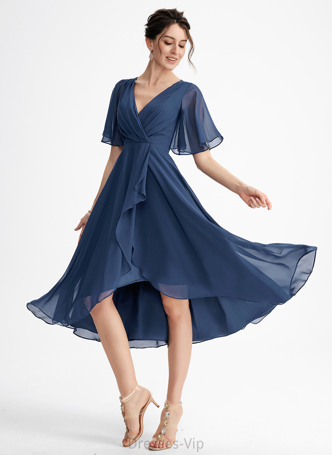 Ruffle A-Line V-neck Cocktail Chiffon With Dress Madeleine Asymmetrical Cocktail Dresses