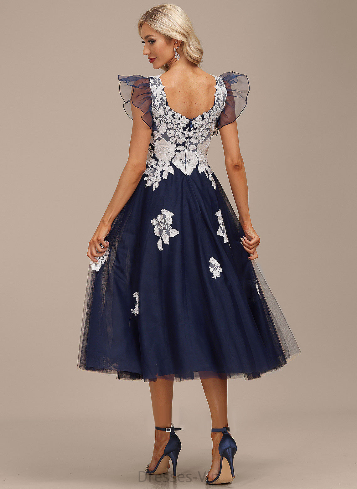 Brenda Cocktail Tea-Length Organza With V-neck Dress Cocktail Dresses A-Line Lace Appliques