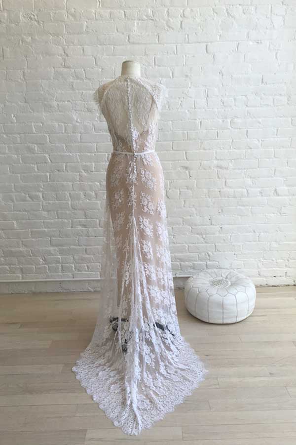 White Sheath Sweep Train Sleeveless Lace Wedding Dresses