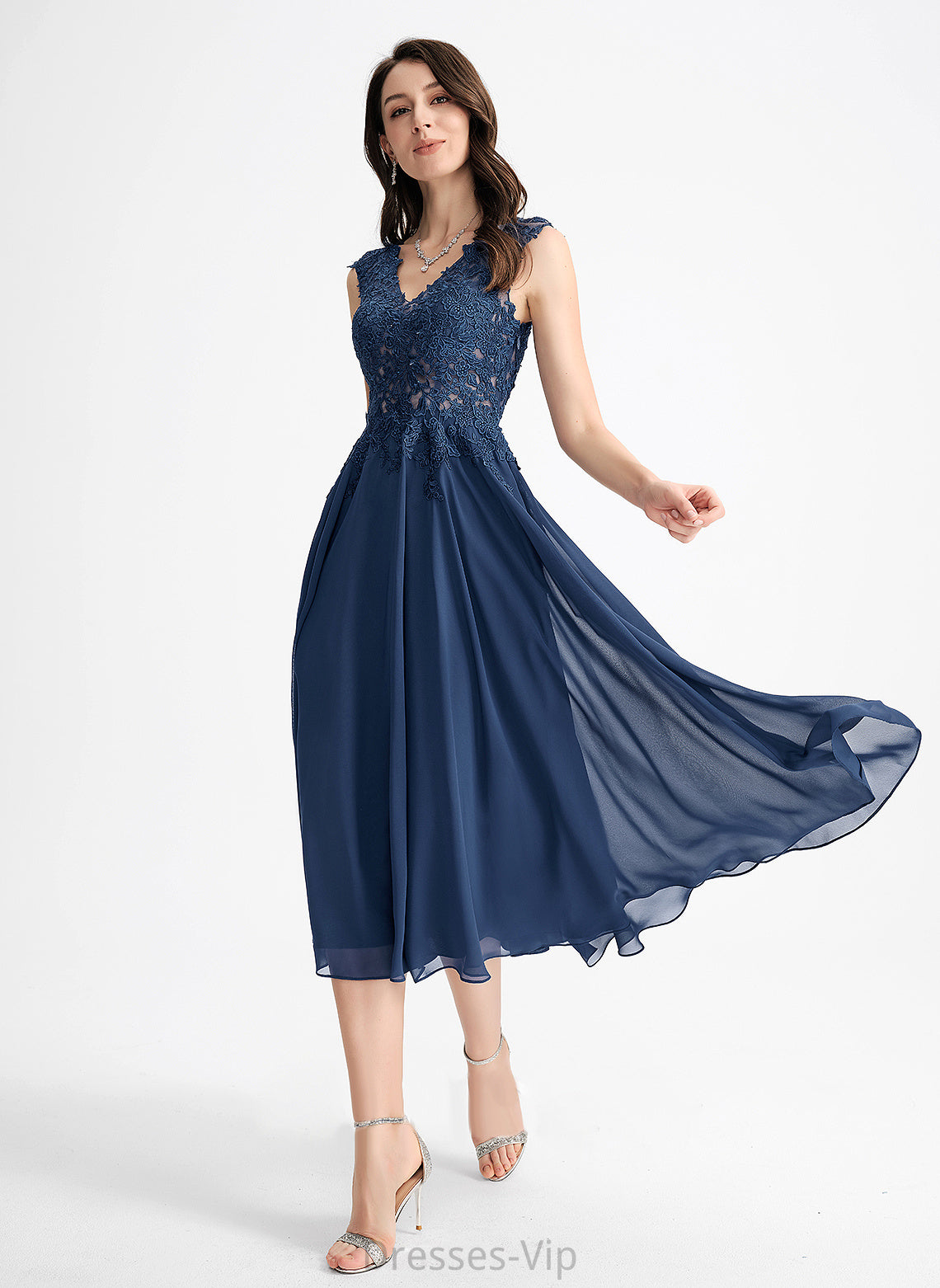 Lace Chiffon Tea-Length A-Line Cocktail Cocktail Dresses V-neck Deborah Dress