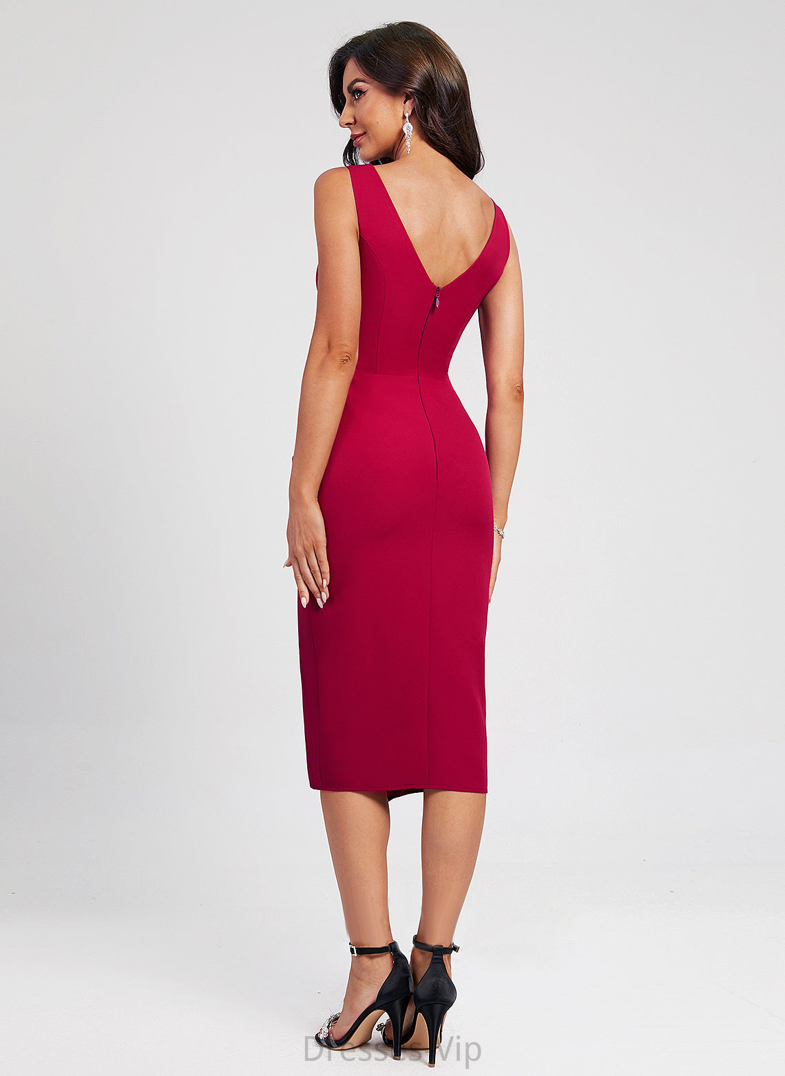 Ruffle Angela Cocktail Sheath/Column With Stretch Front Dress Knee-Length V-neck Split Cocktail Dresses Crepe