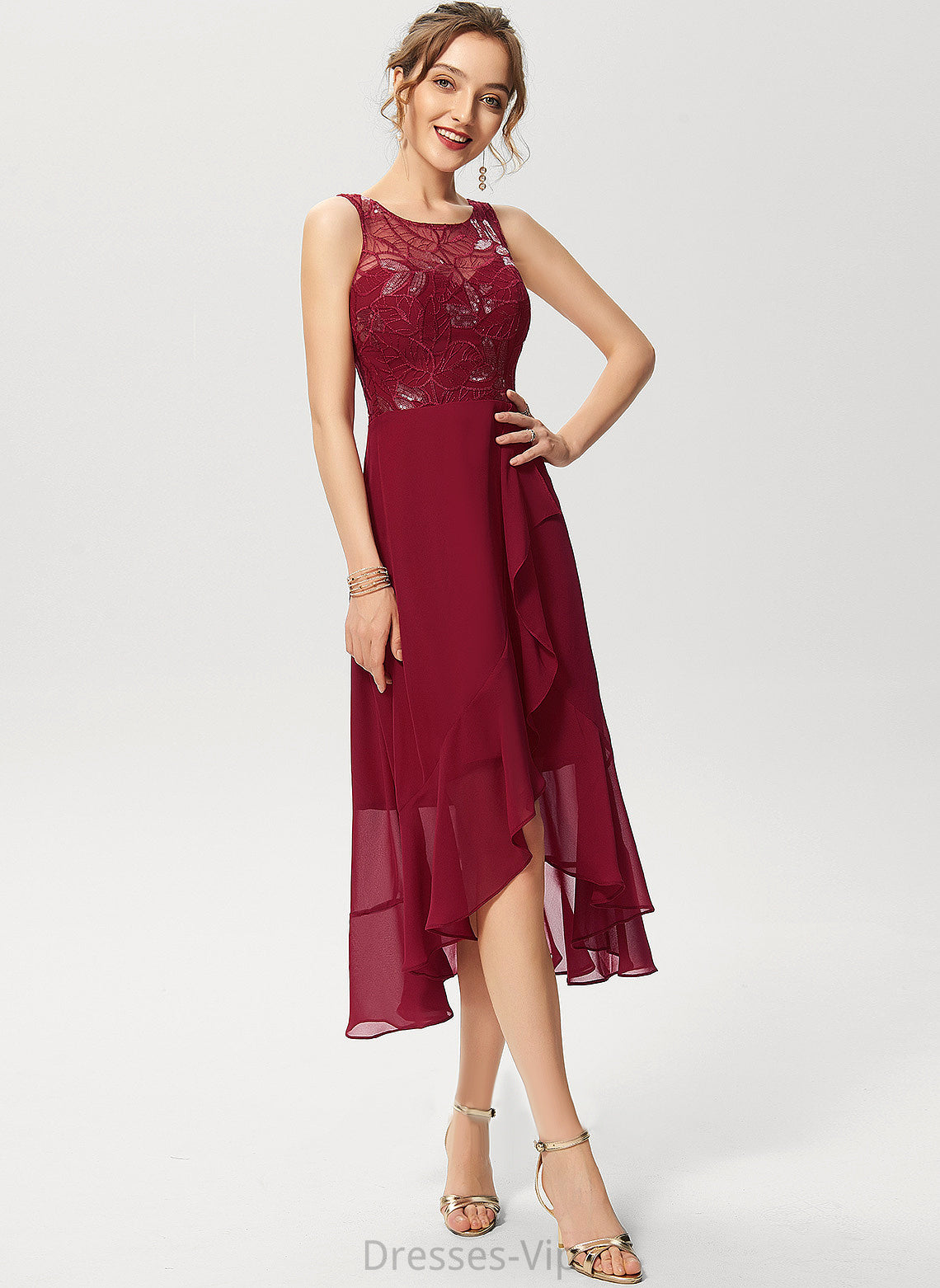 Ruffles Cocktail Dresses Asymmetrical Neck Cascading Lace Sequins Mercedes Chiffon Cocktail Dress Scoop A-Line With