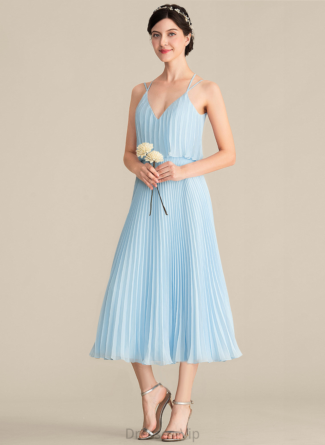 Cocktail Dresses Pleated Chiffon Dress Cocktail With Celia V-neck Tea-Length A-Line