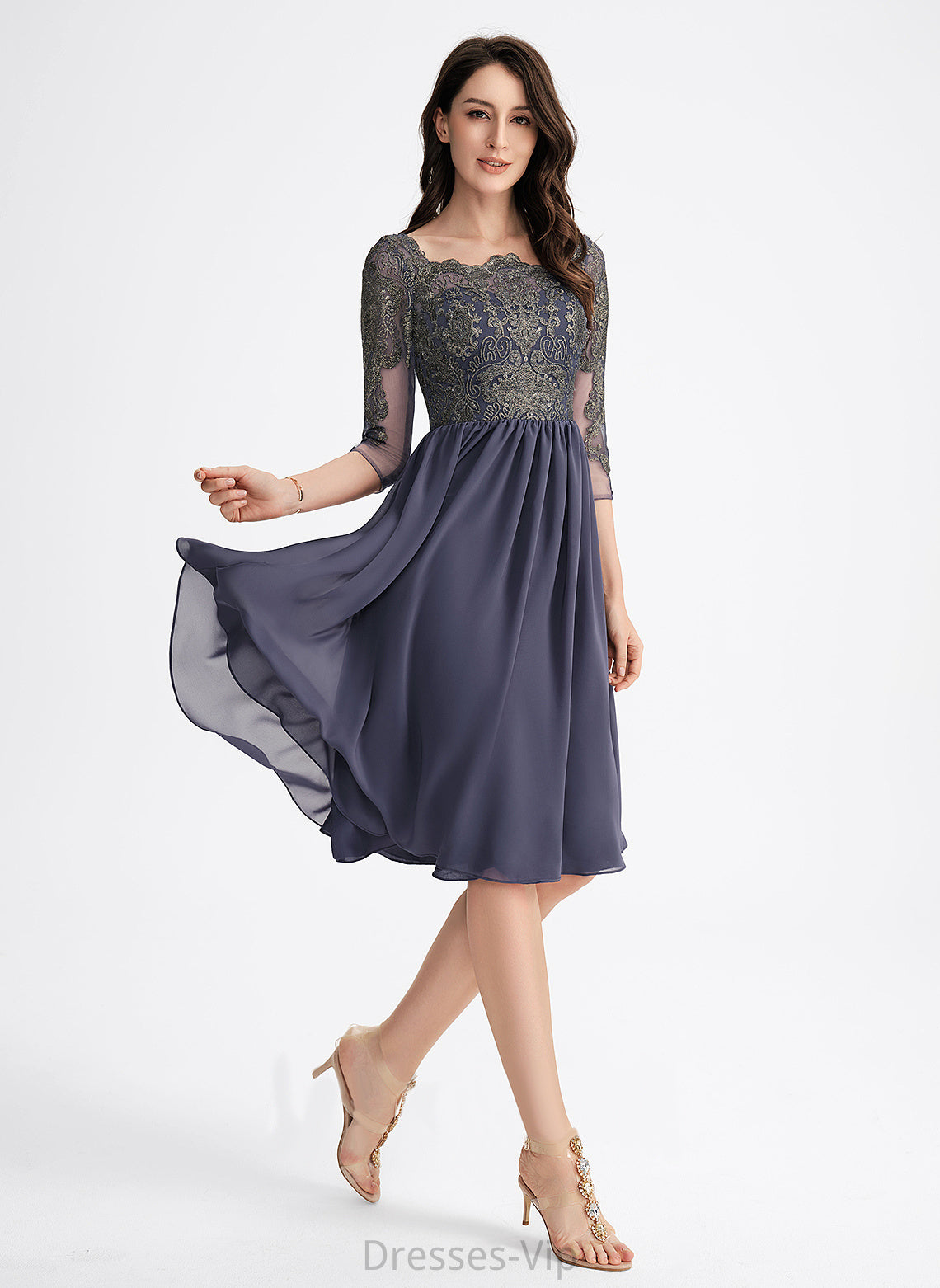 Square Knee-Length Kendra Lace Dress With Chiffon Lace Cocktail Dresses A-Line Cocktail Neckline