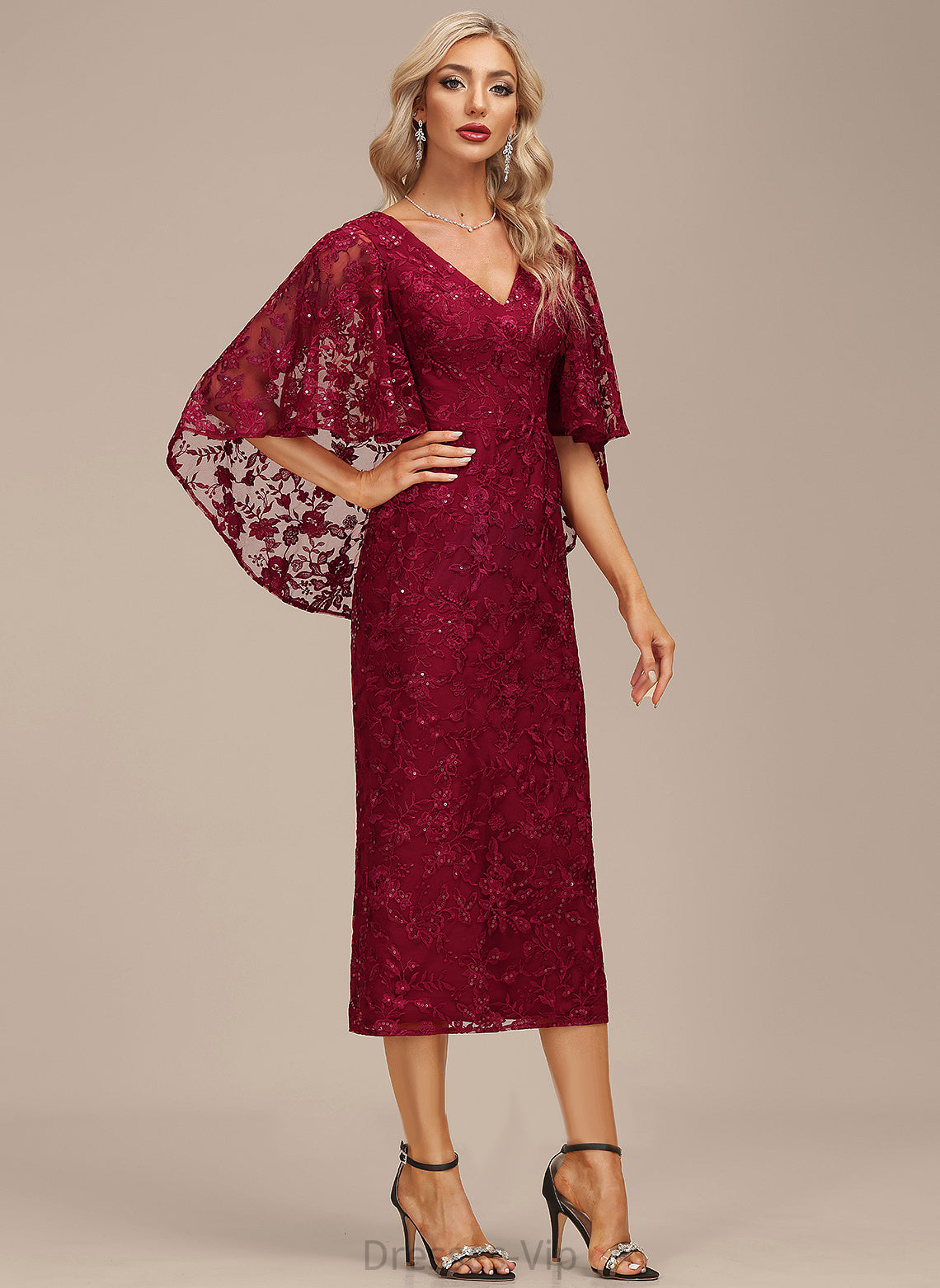 Dress V-neck Sheath/Column Lace With Cocktail Cocktail Dresses Cecilia Tea-Length Sequins