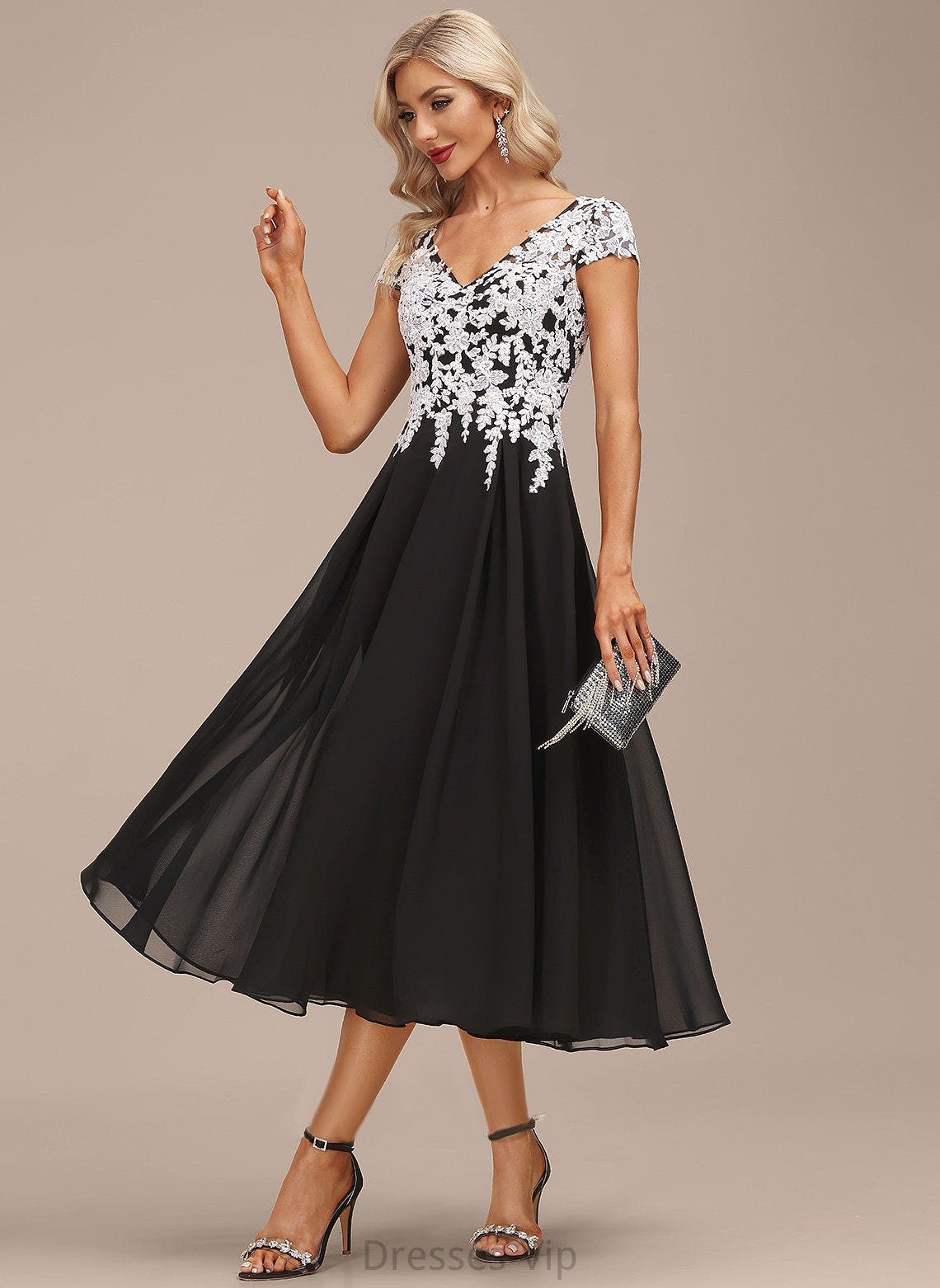 A-Line V-neck Giovanna Cocktail Dresses Cocktail Dress Tea-Length Lace Chiffon