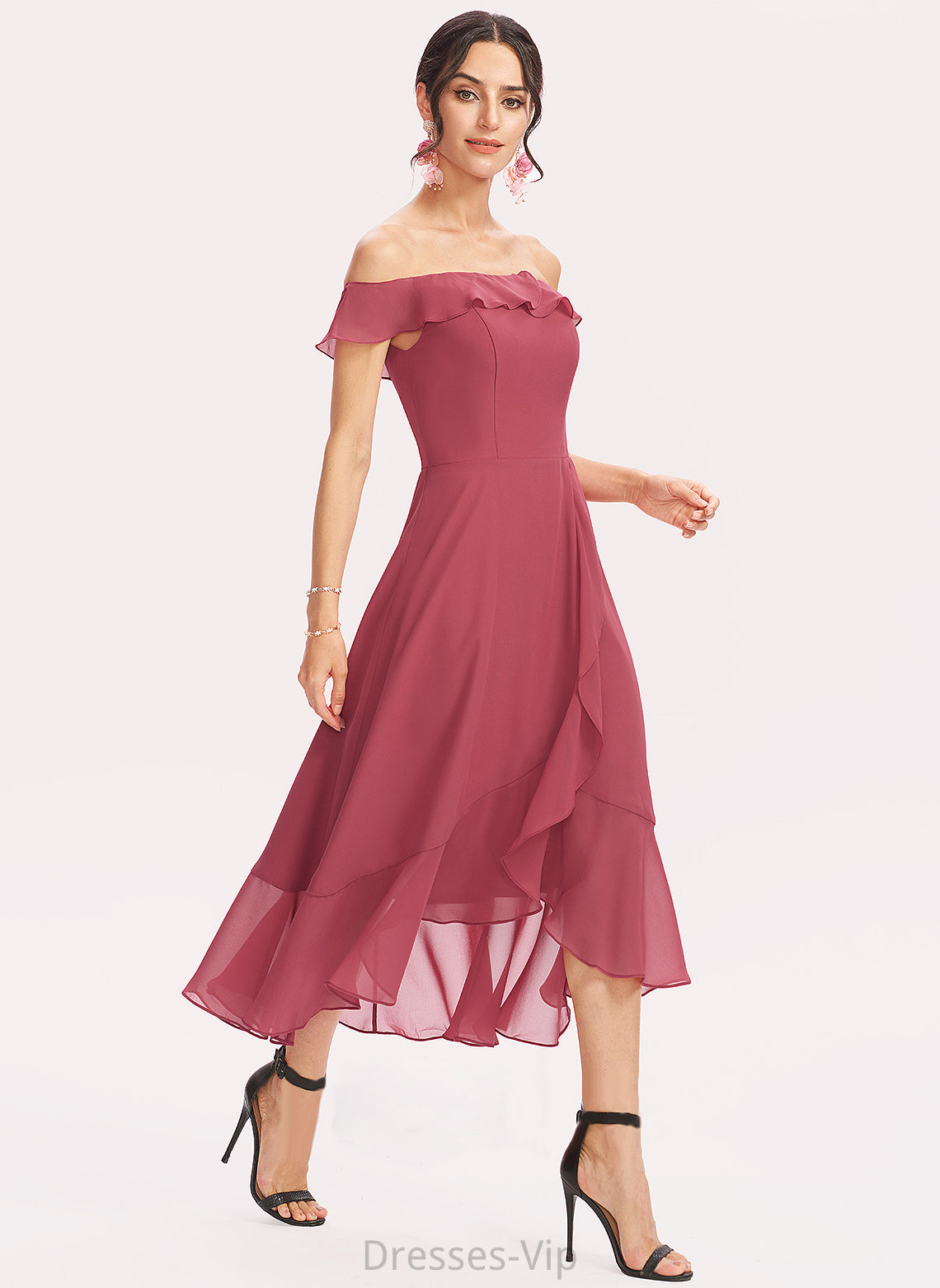 Cocktail Tea-Length Cocktail Dresses A-Line Ruffles Off-the-Shoulder Chiffon Cascading With Dress Renata