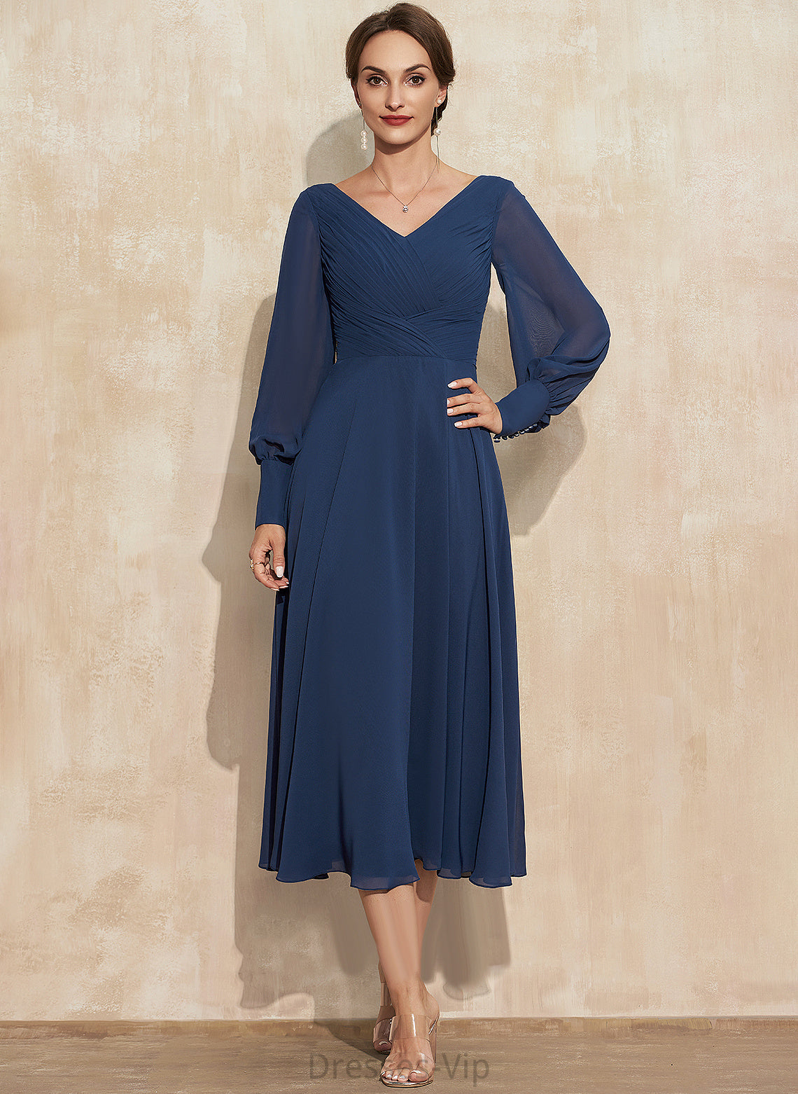 Ruffle Dress Cocktail A-Line Alayna Tea-Length Cocktail Dresses V-neck Chiffon With