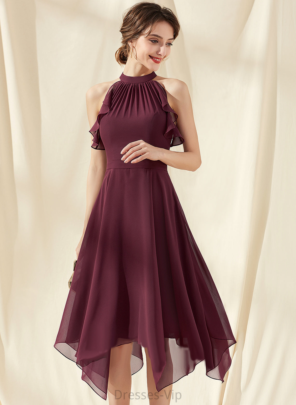 Ruffles With Dress Chiffon Neck Cocktail Priscilla Cocktail Dresses Tea-Length Cascading Scoop A-Line