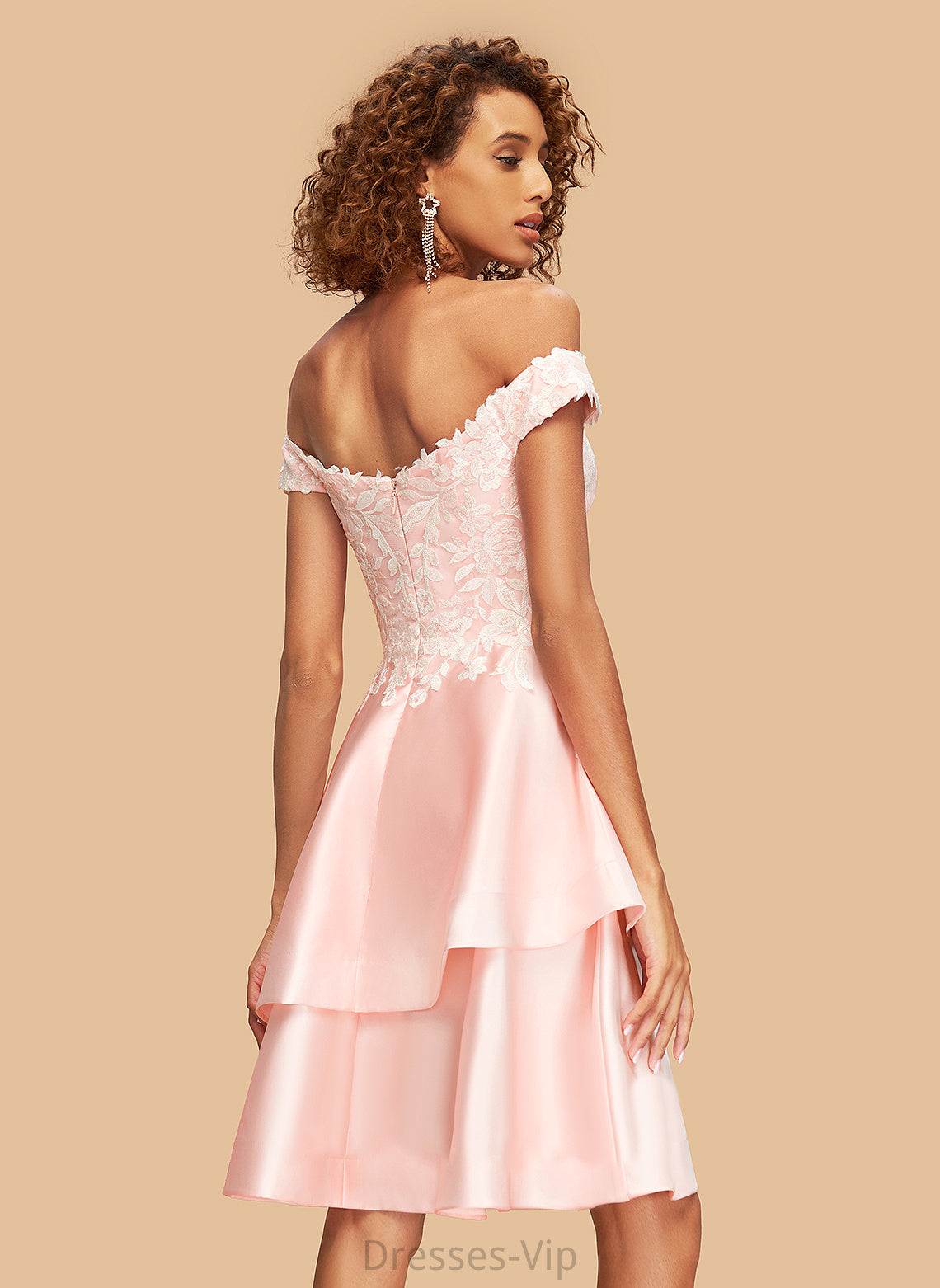 Off-the-Shoulder Satin Lace Sequins Homecoming Annalise Knee-Length Homecoming Dresses A-Line Dress With