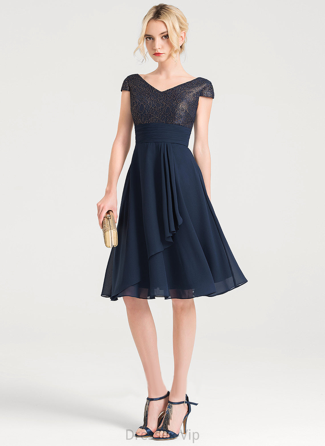 Jayden Cascading Knee-Length V-neck Dress Ruffles A-Line Chiffon With Lace Cocktail Cocktail Dresses