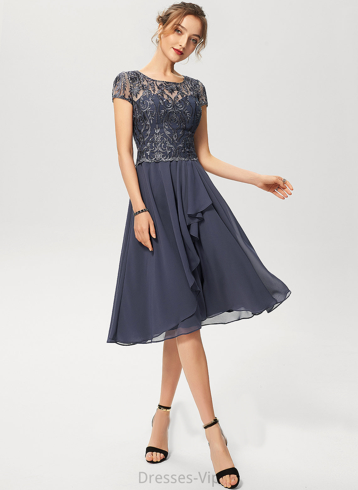 Chiffon Scoop Moira Neck Cocktail Ruffles Dress A-Line Cascading Cocktail Dresses Knee-Length Lace With