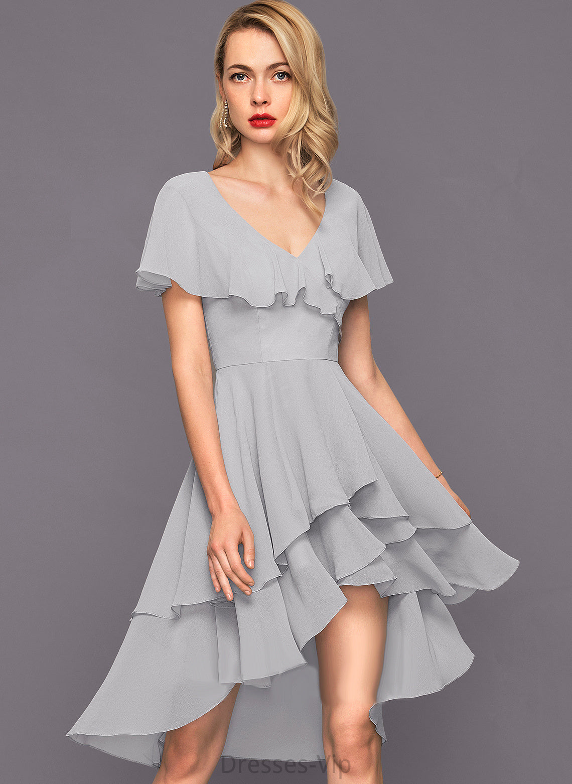 Chiffon Julie V-neck Ruffles With Cocktail Cocktail Dresses Asymmetrical Cascading Dress A-Line