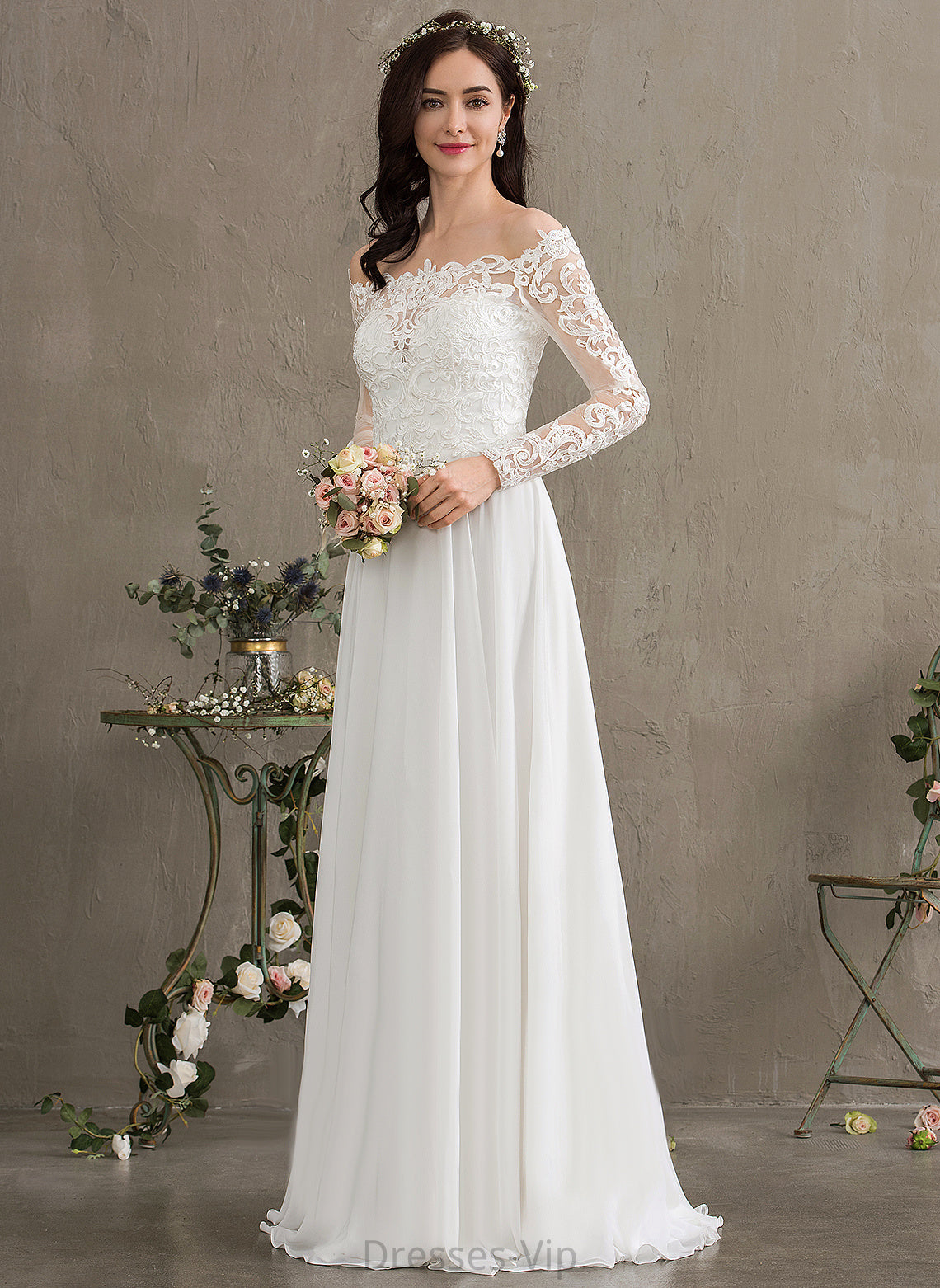 Keely Lace Dress Chiffon Off-the-Shoulder Floor-Length Wedding A-Line Wedding Dresses