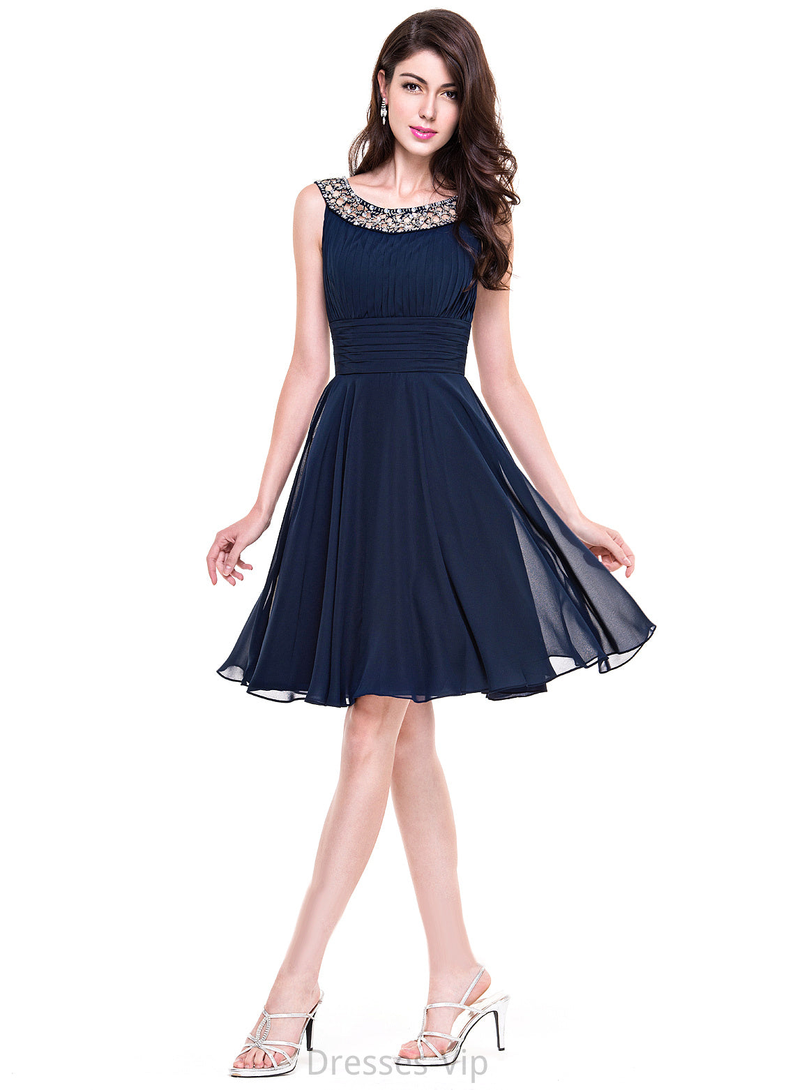 Cocktail Dresses Ruffle Neck With Chiffon Dress Alma Scoop A-Line Cocktail Knee-Length Beading